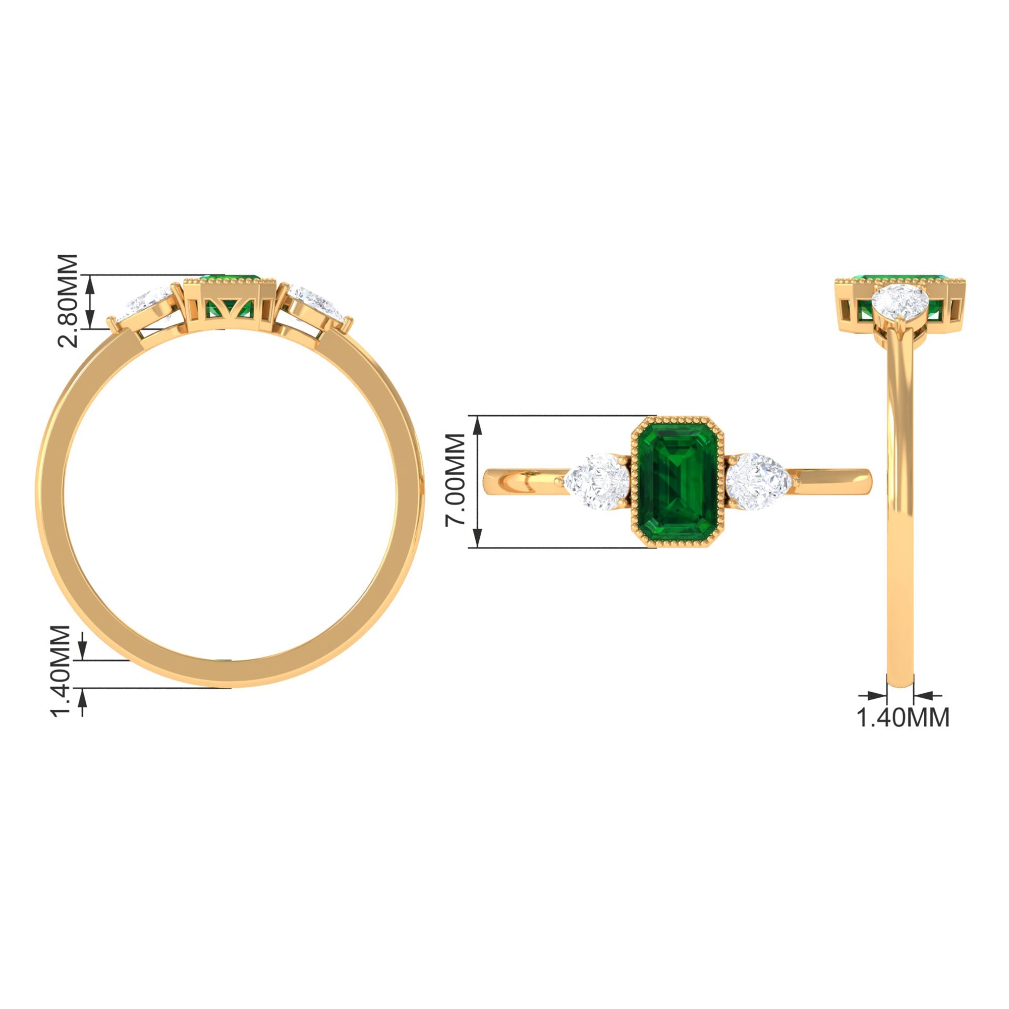 Created Emerald and Diamond Three Stone Ring in Bezel Setting Lab Created Emerald - ( AAAA ) - Quality - Rosec Jewels