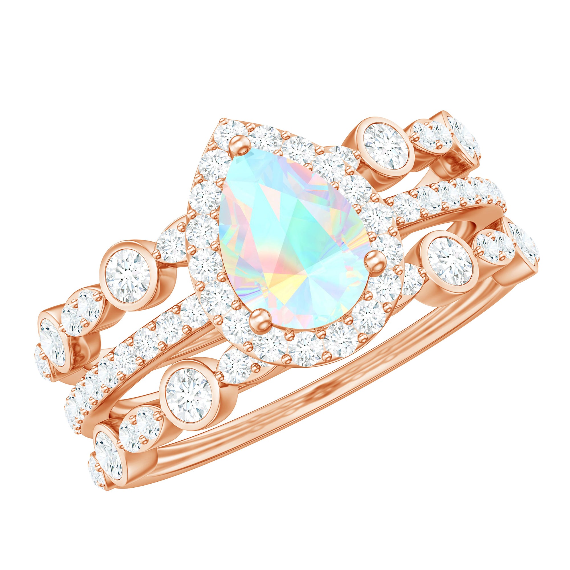 Pear Cut Ethiopian Opal Bridal Trio Ring Set with Moissanite Band Ethiopian Opal - ( AAA ) - Quality - Rosec Jewels