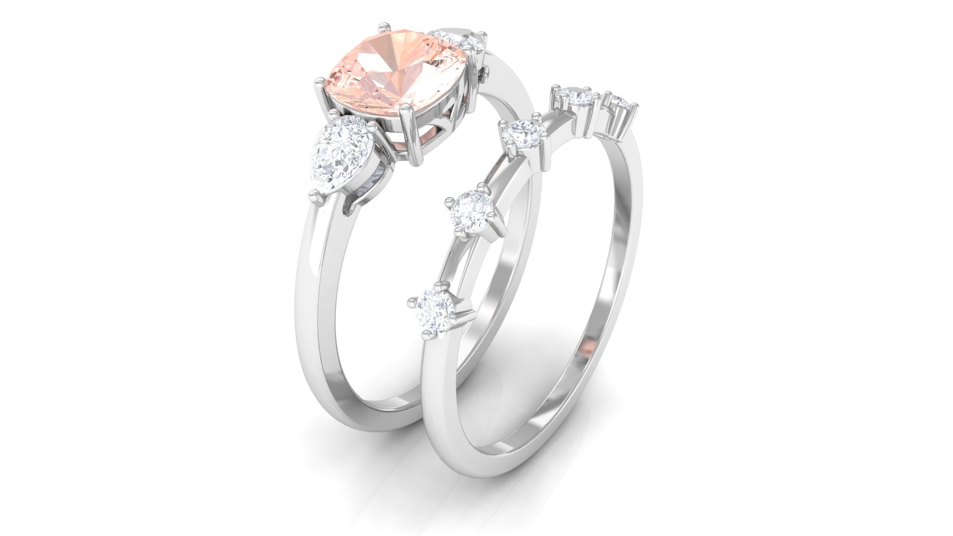 Cushion Cut Morganite Ring Set with Diamond Morganite - ( AAA ) - Quality - Rosec Jewels