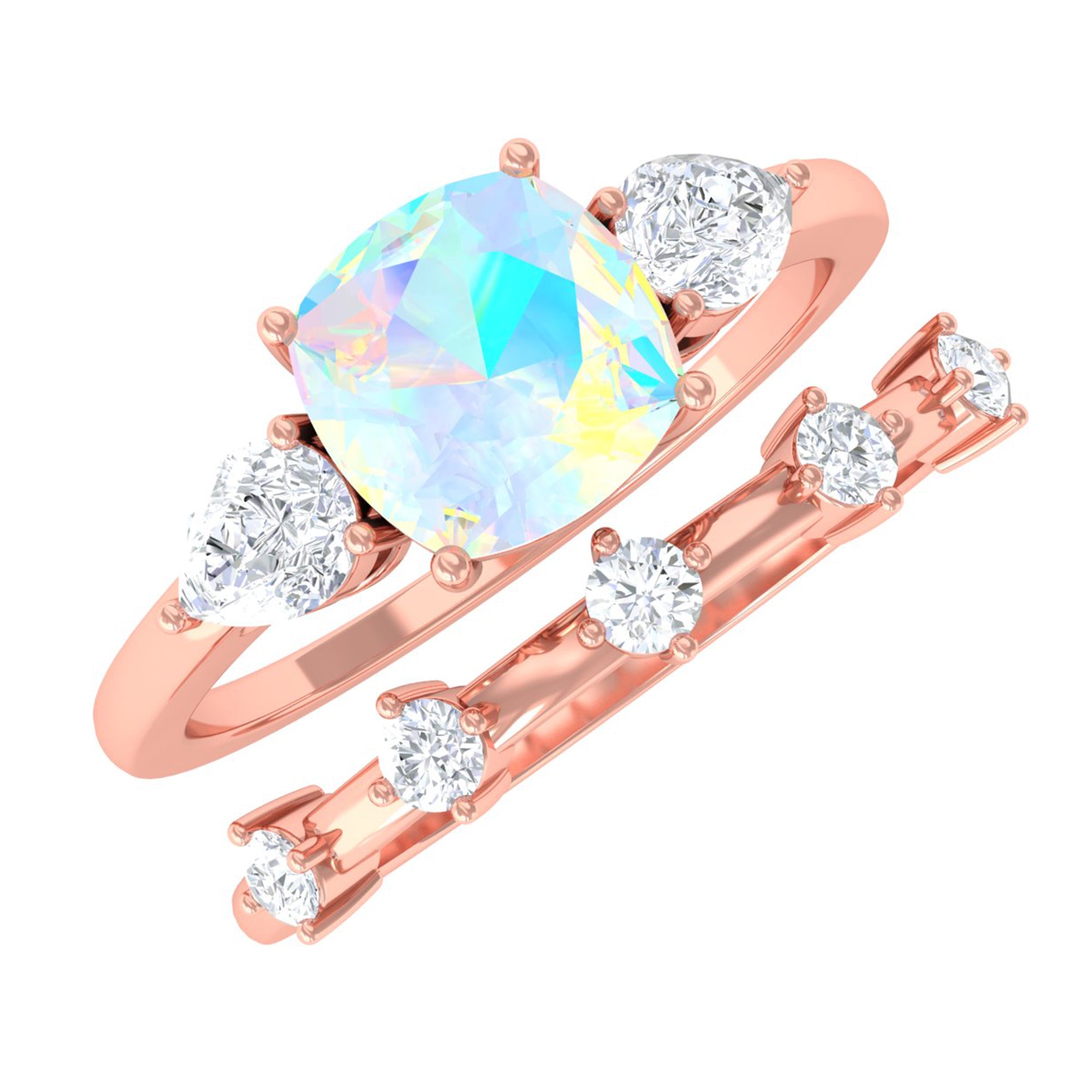 Cushion Cut Real Ethiopian Opal Ring Set with Moissanite Ethiopian Opal - ( AAA ) - Quality - Rosec Jewels