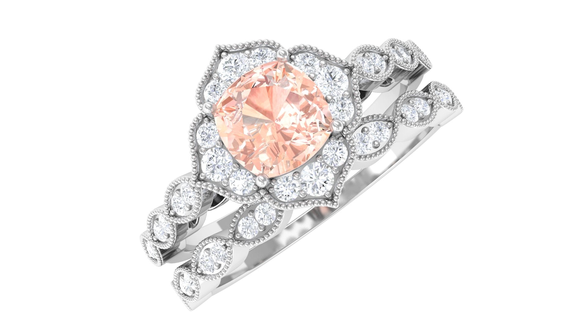 Real Morganite Flower Ring Set with Diamond Morganite - ( AAA ) - Quality - Rosec Jewels