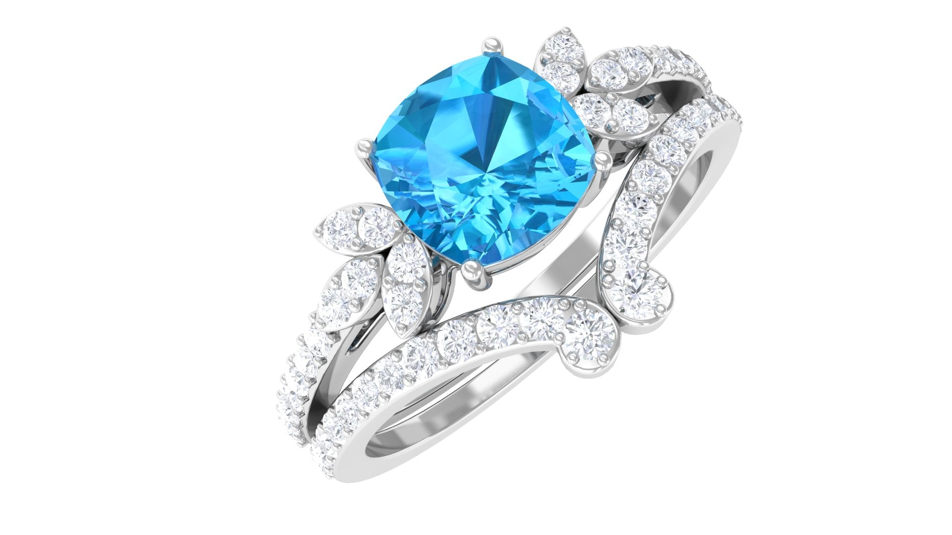 Cushion Cut Swiss Blue Topaz Ring Set with Diamond Swiss Blue Topaz - ( AAA ) - Quality - Rosec Jewels