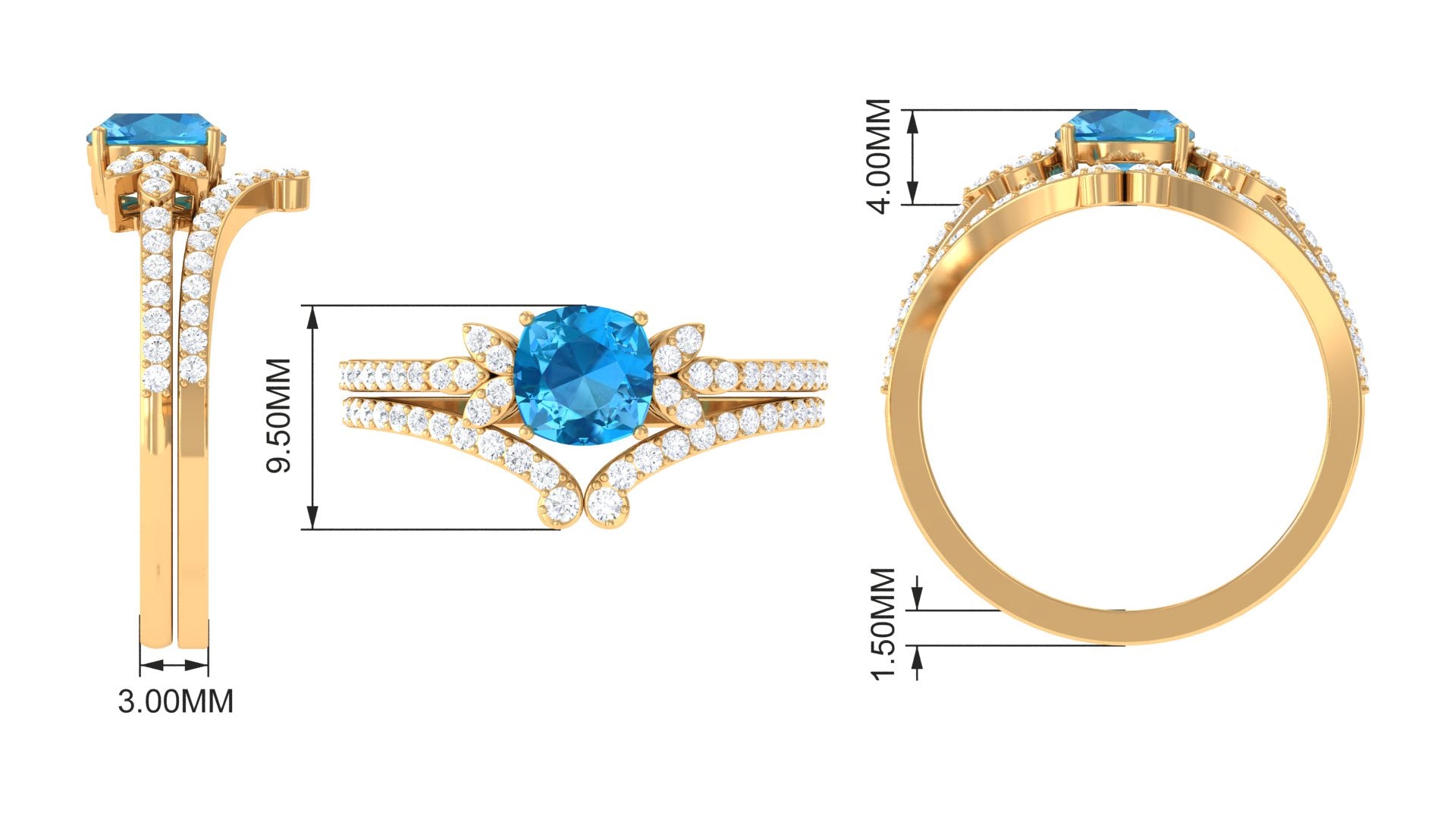 Cushion Cut Swiss Blue Topaz Ring Set with Diamond Swiss Blue Topaz - ( AAA ) - Quality - Rosec Jewels