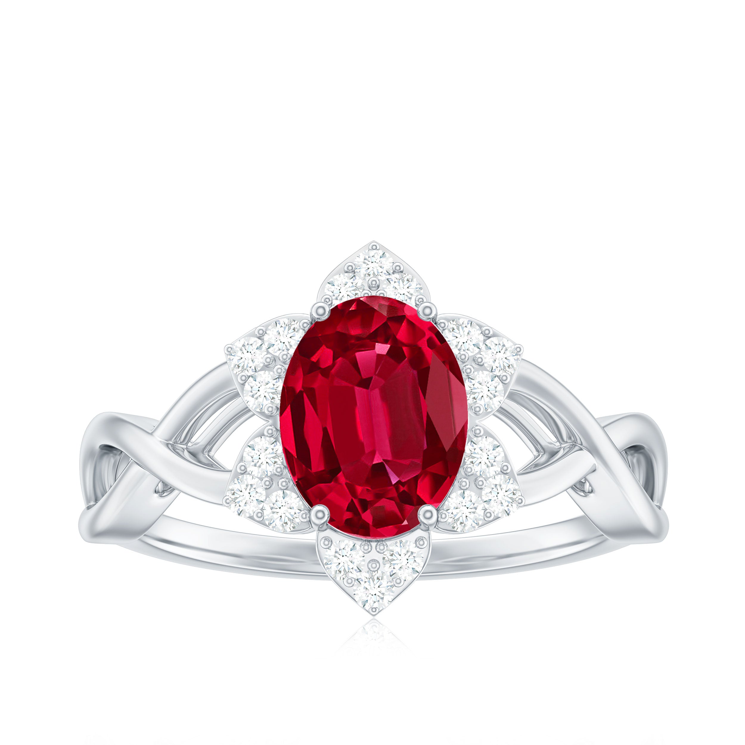 Oval Lab Grown Ruby Floral Ring with Diamond Halo Lab Created Ruby - ( AAAA ) - Quality - Rosec Jewels