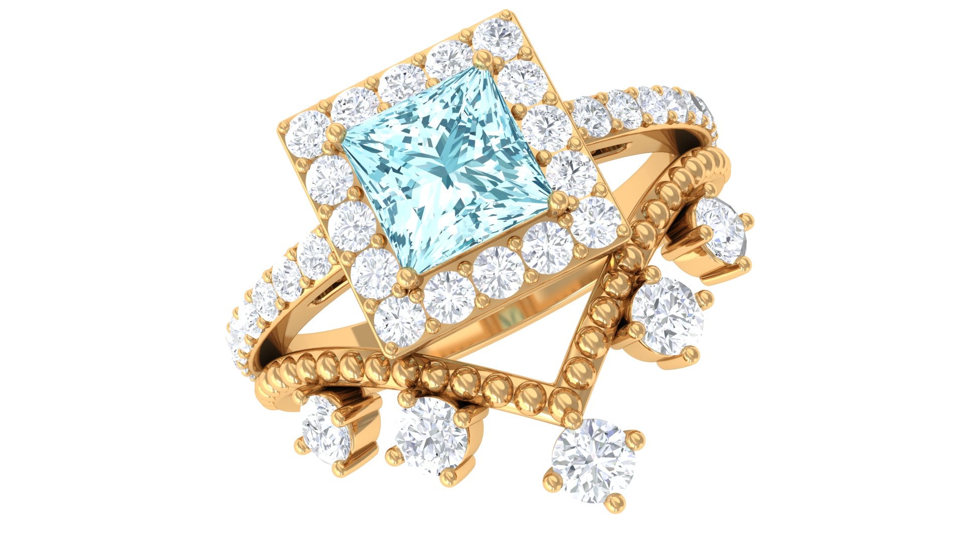 Princess Cut Aquamarine and Moissanite Bridal Ring Set with Beaded Details Aquamarine - ( AAA ) - Quality - Rosec Jewels