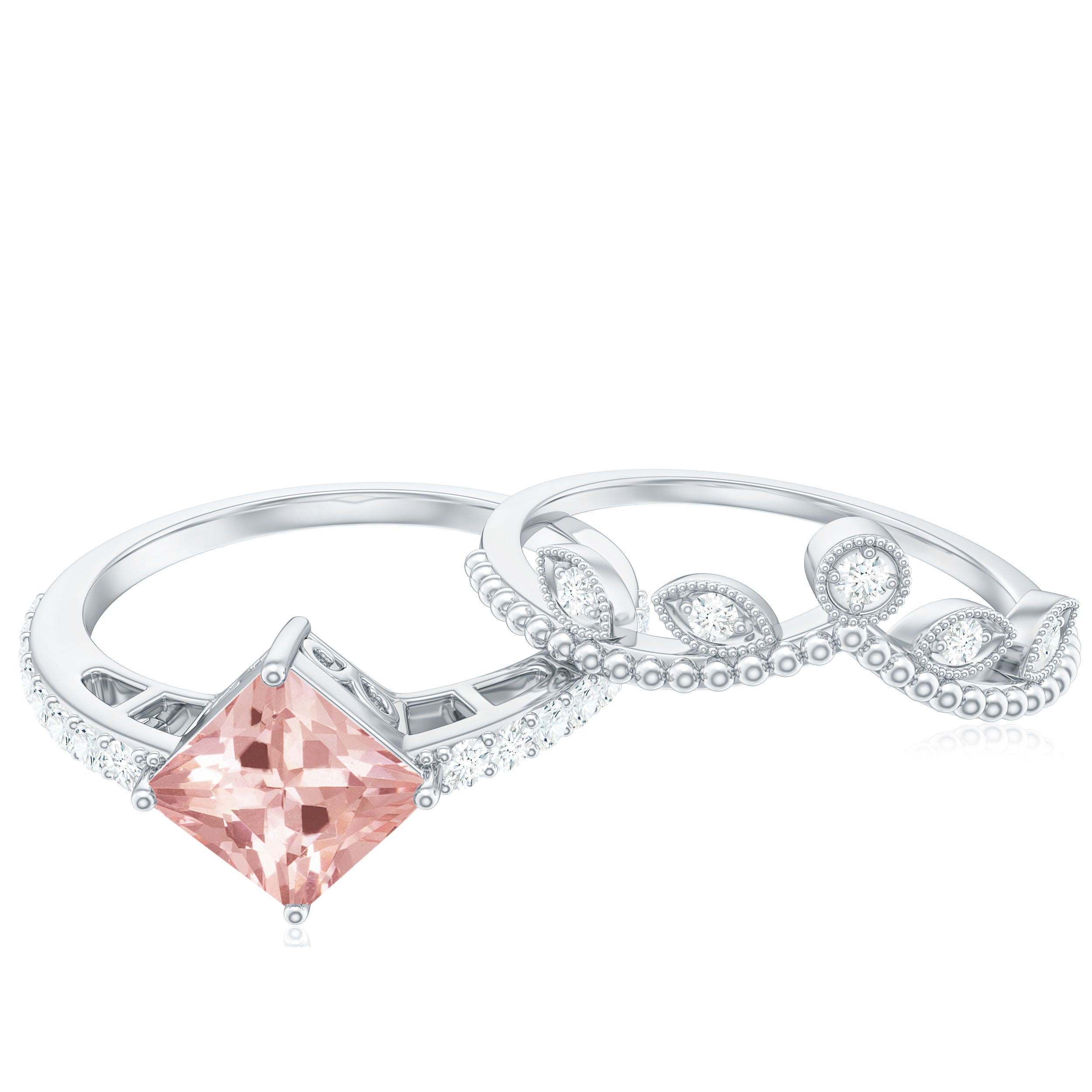 1.25 CT Vintage Style Princess Cut Morganite Ring Set with Diamond Morganite - ( AAA ) - Quality - Rosec Jewels