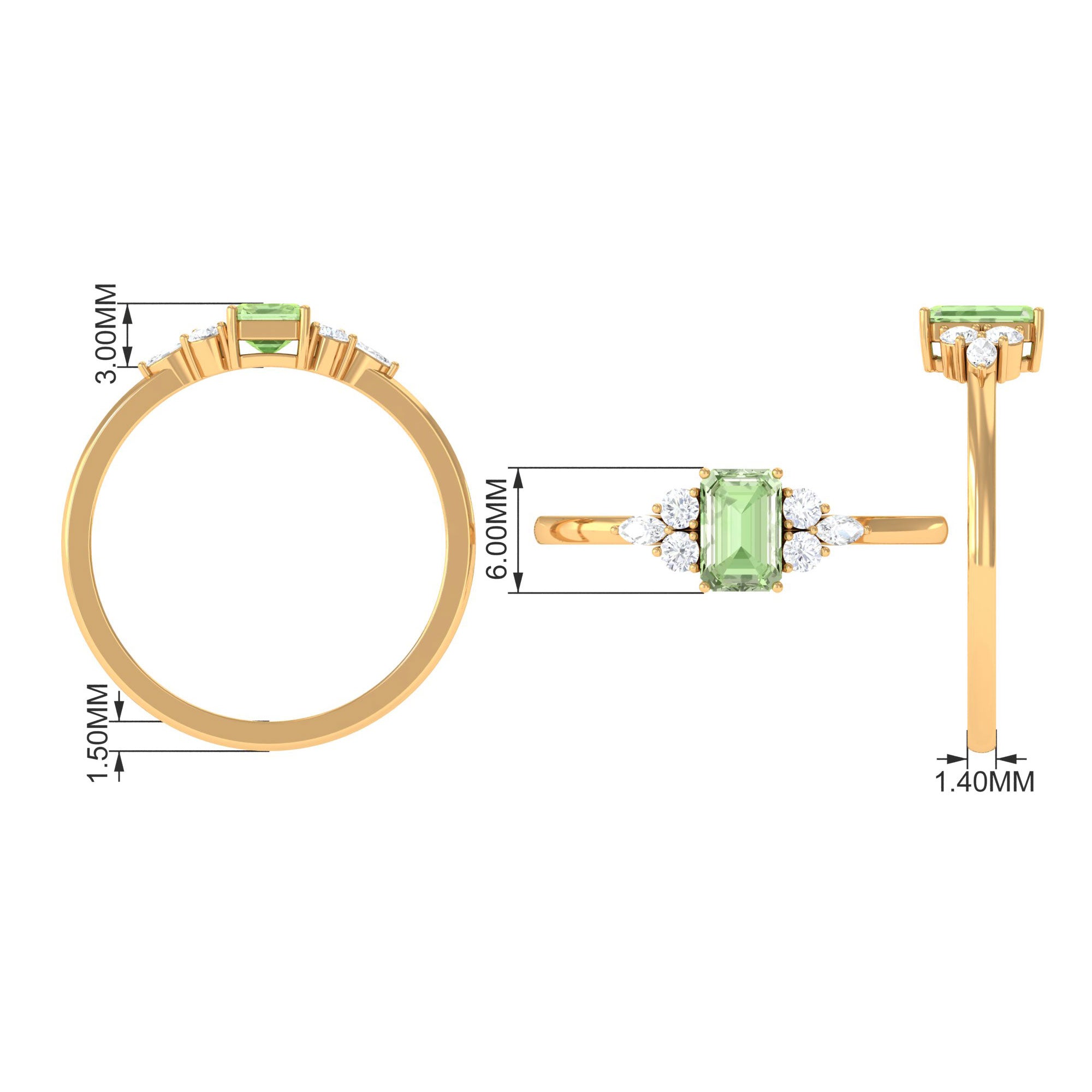 Emerald Cut Green Sapphire Promise Ring with Diamond Trio Green Sapphire - ( AAA ) - Quality - Rosec Jewels