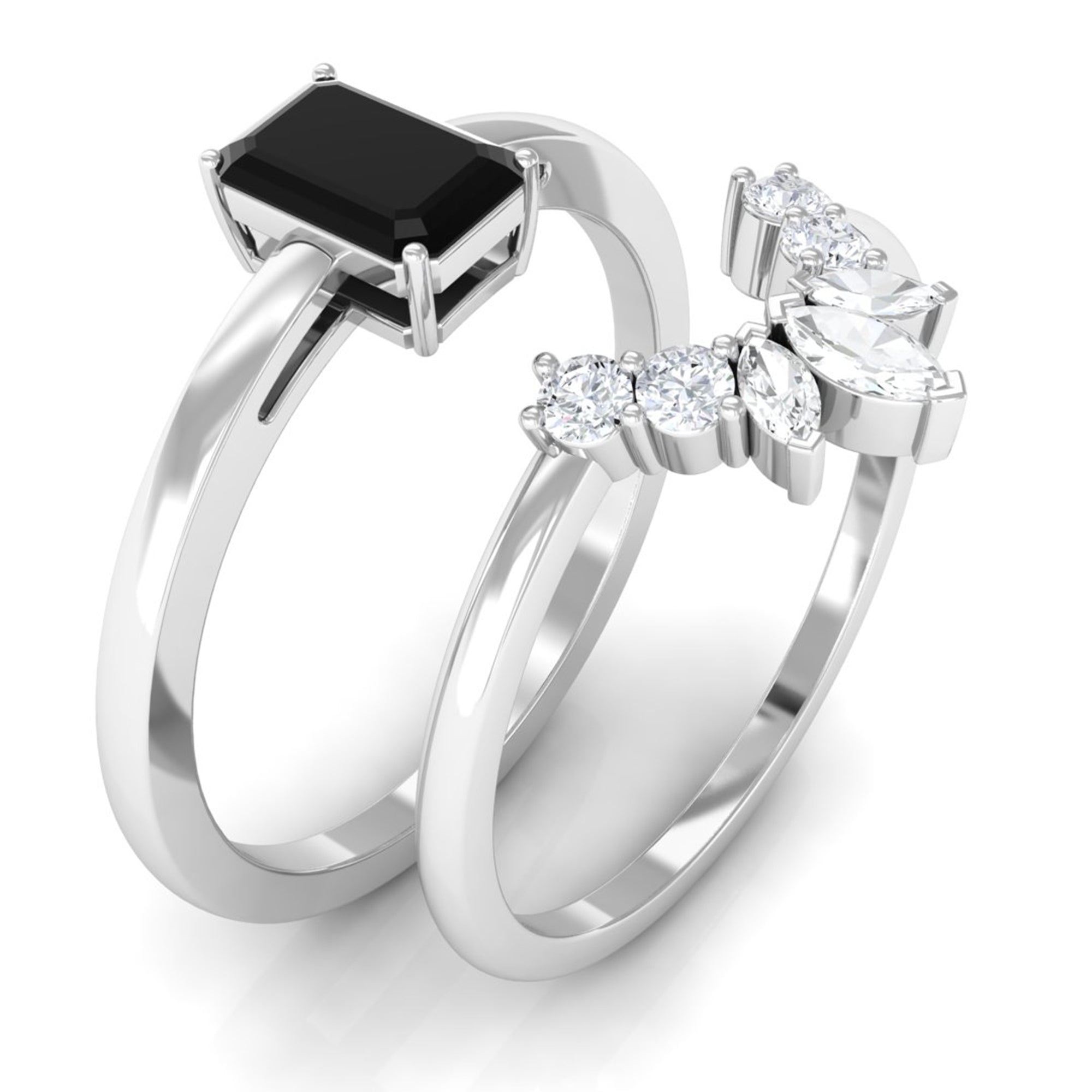 Lab Created Black Diamond Solitaire Wedding Ring Set with Diamond Lab Created Black Diamond - ( AAAA ) - Quality - Rosec Jewels