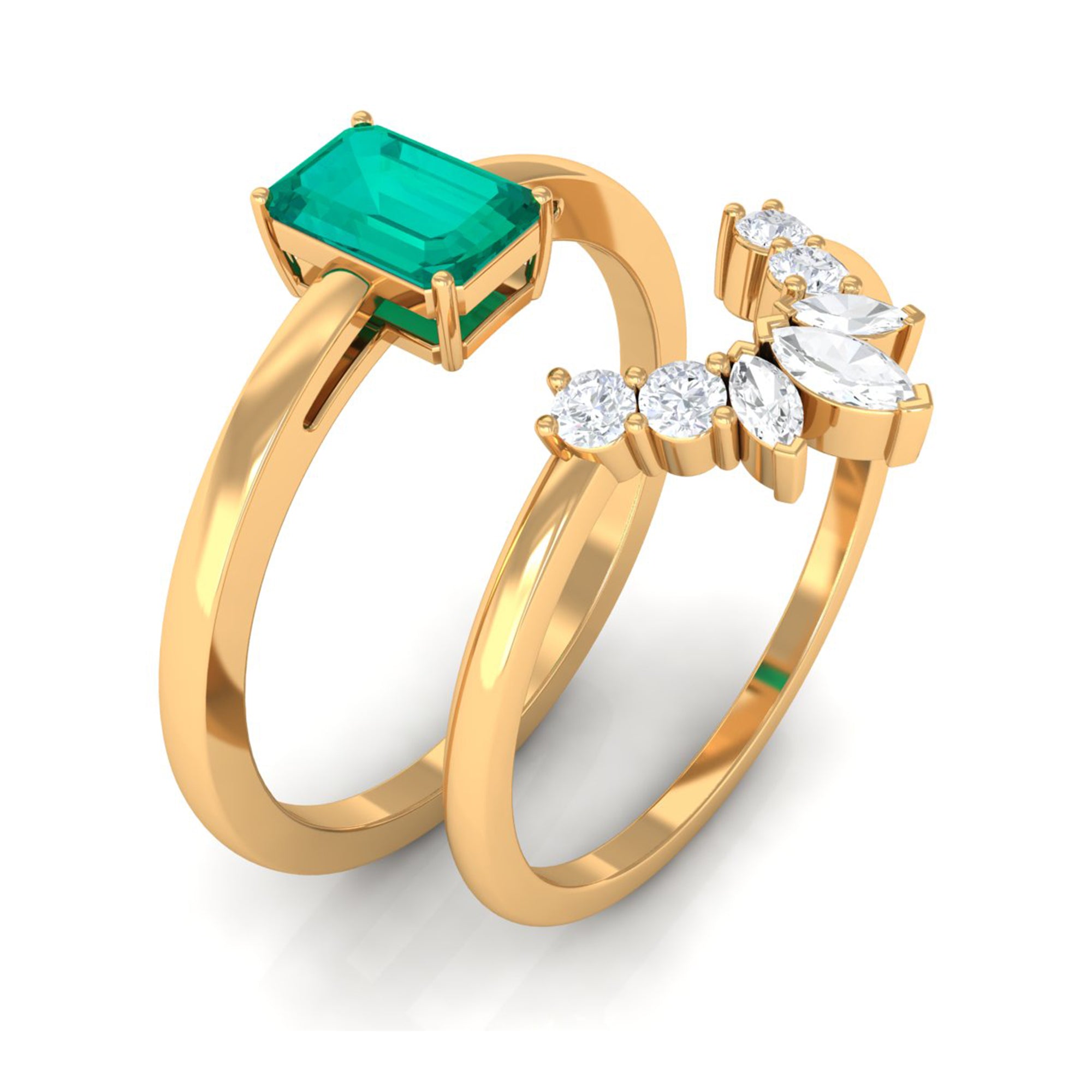 Octagon shape Emerald Wedding Ring Set with Diamond Emerald - ( AAA ) - Quality - Rosec Jewels