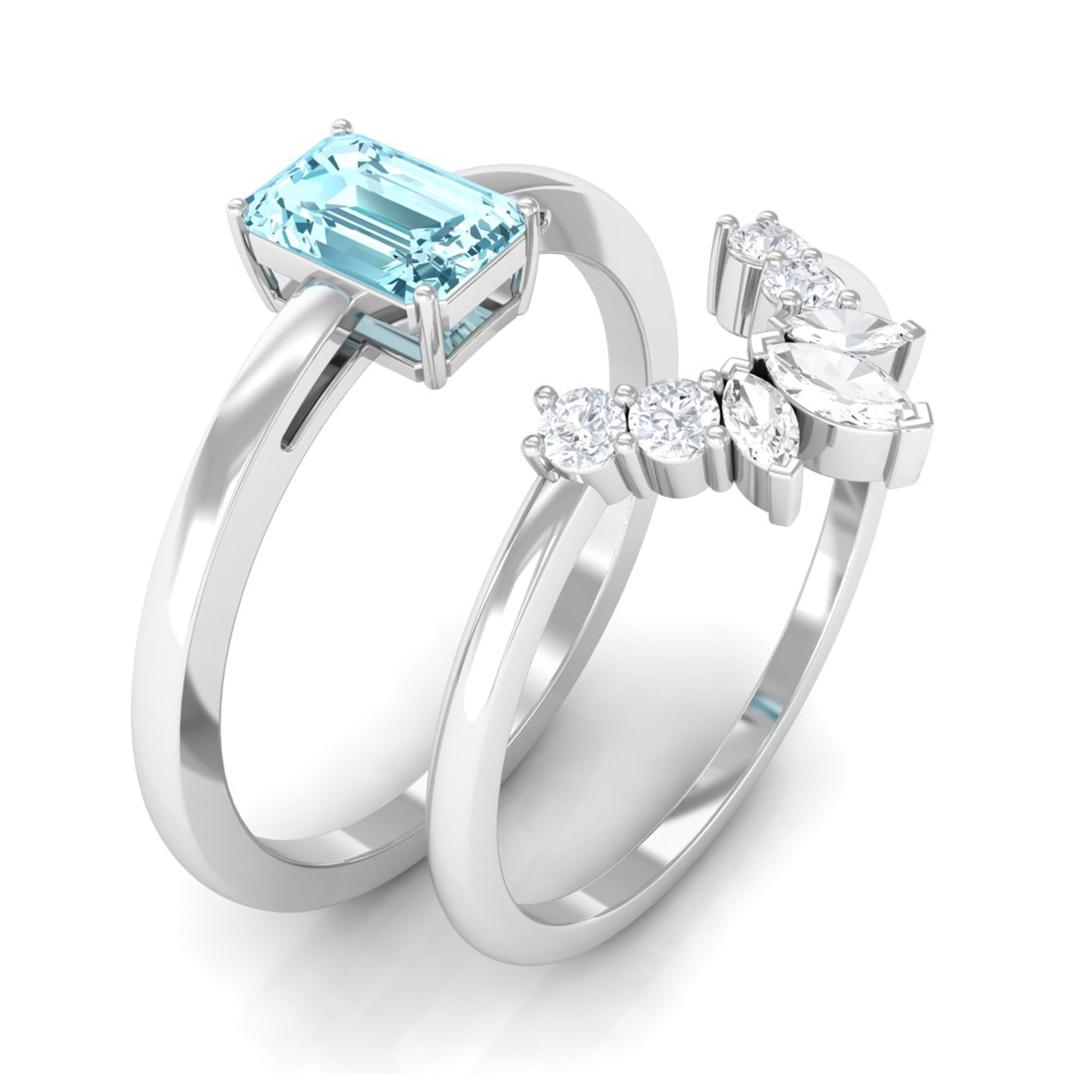 Octagon Cut Aquamarine Wedding Ring Set with Diamond Aquamarine - ( AAA ) - Quality - Rosec Jewels