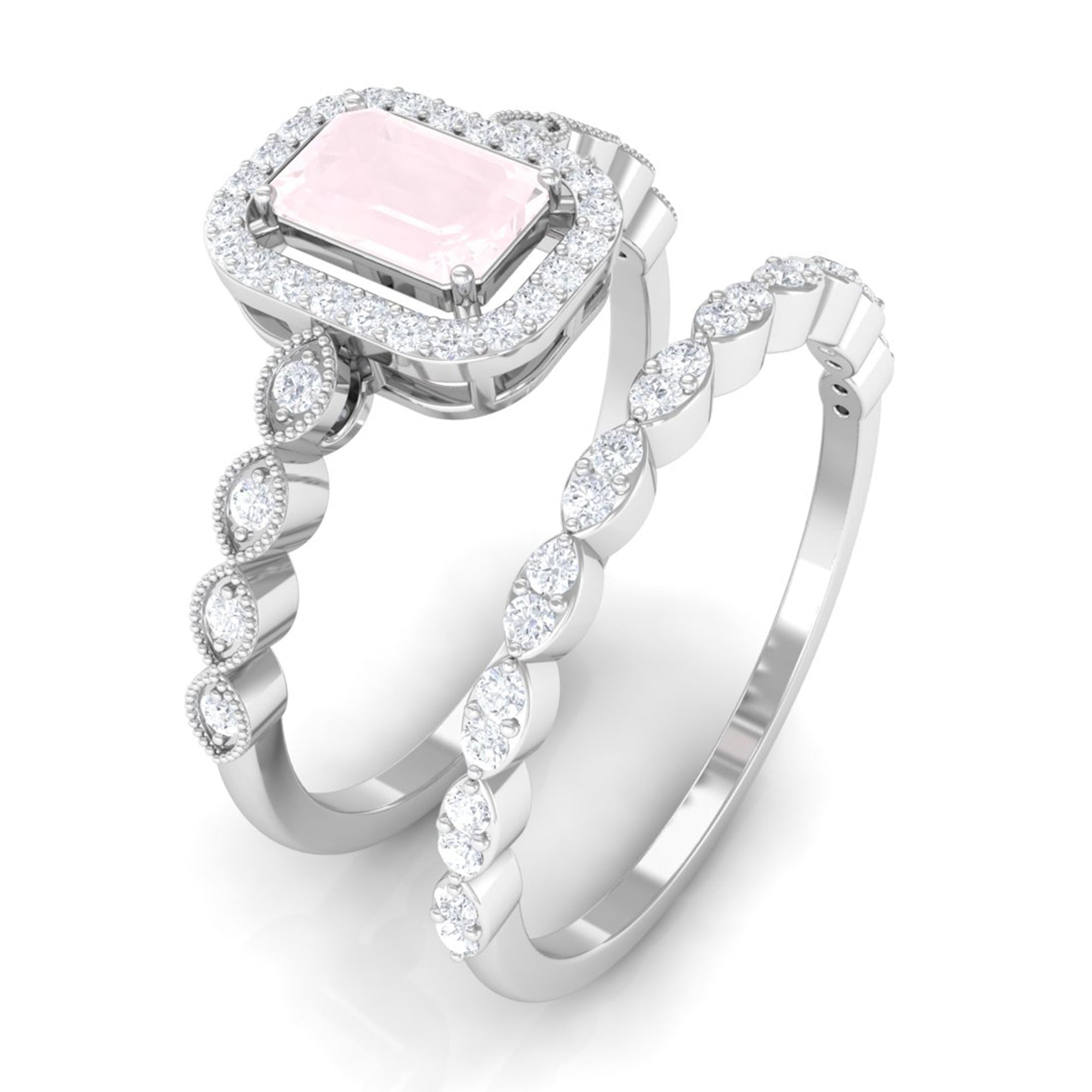 Octagon Cut Rose Quartz and Diamond Designer Ring Set Rose Quartz - ( AAA ) - Quality - Rosec Jewels