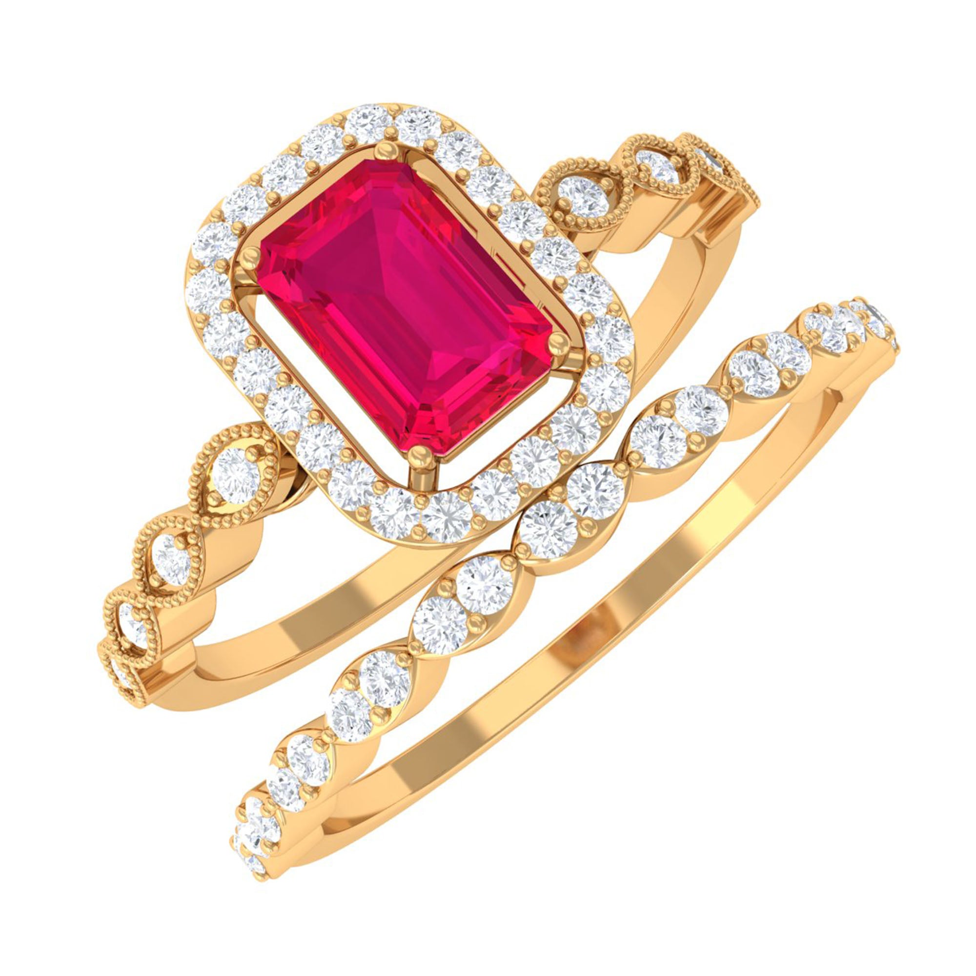 Octagon Cut Ruby and Diamond Designer Ring Set Ruby - ( AAA ) - Quality - Rosec Jewels