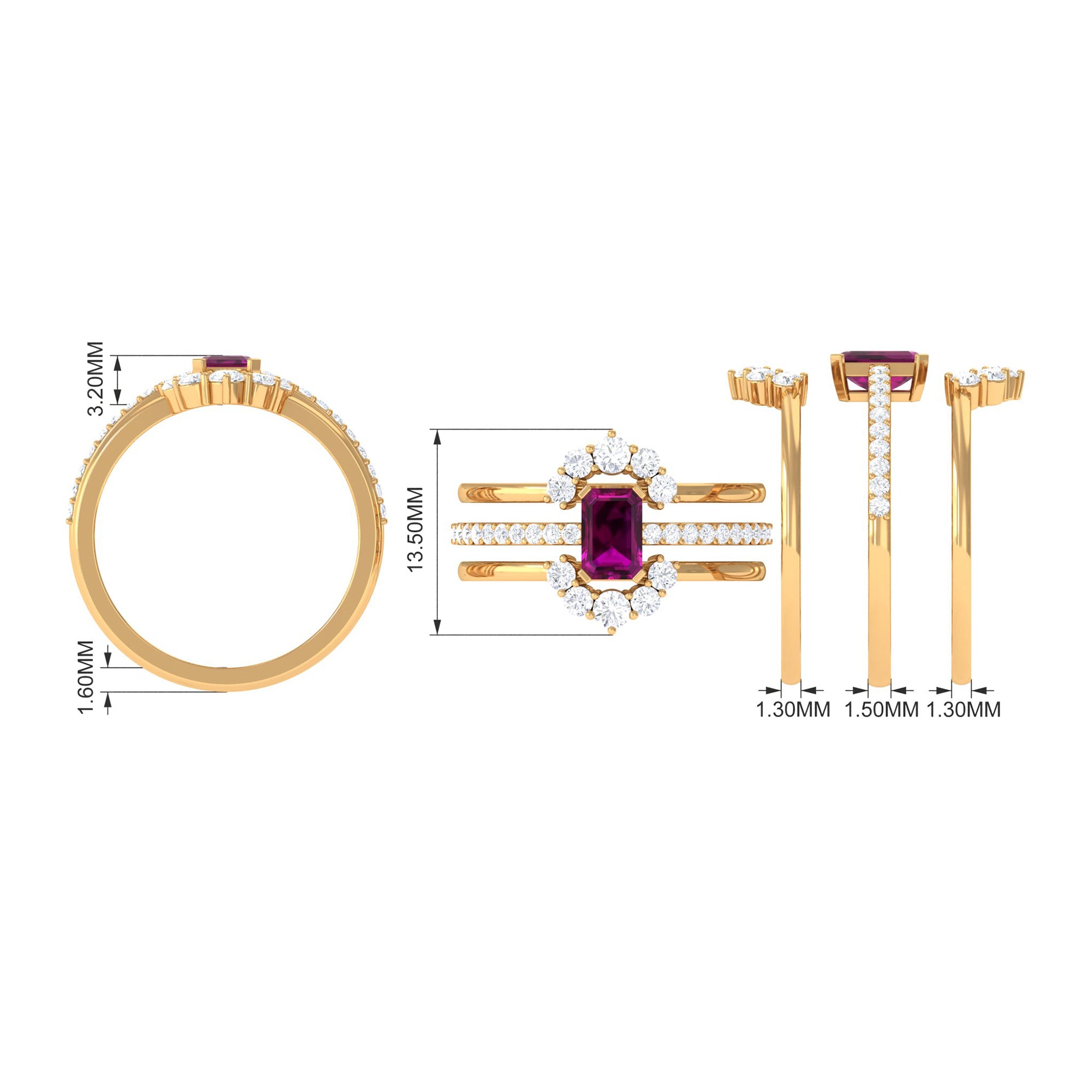 2.50 CT Real Rhodolite Solitaire Trio Ring Set with Moissanite Rhodolite - ( AAA ) - Quality - Rosec Jewels