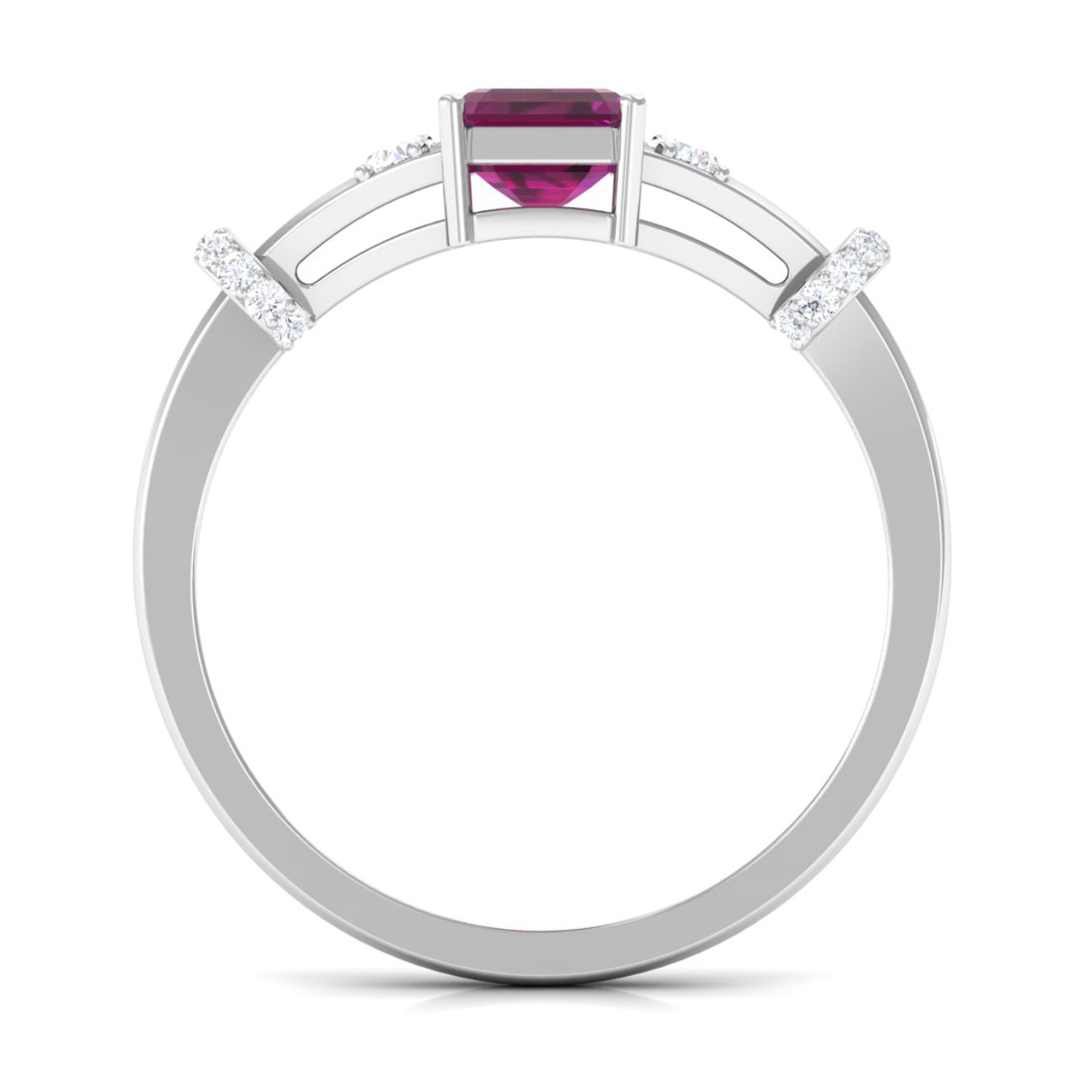 Emerald Cut Solitaire Rhodolite Ring with Diamond Rhodolite - ( AAA ) - Quality - Rosec Jewels