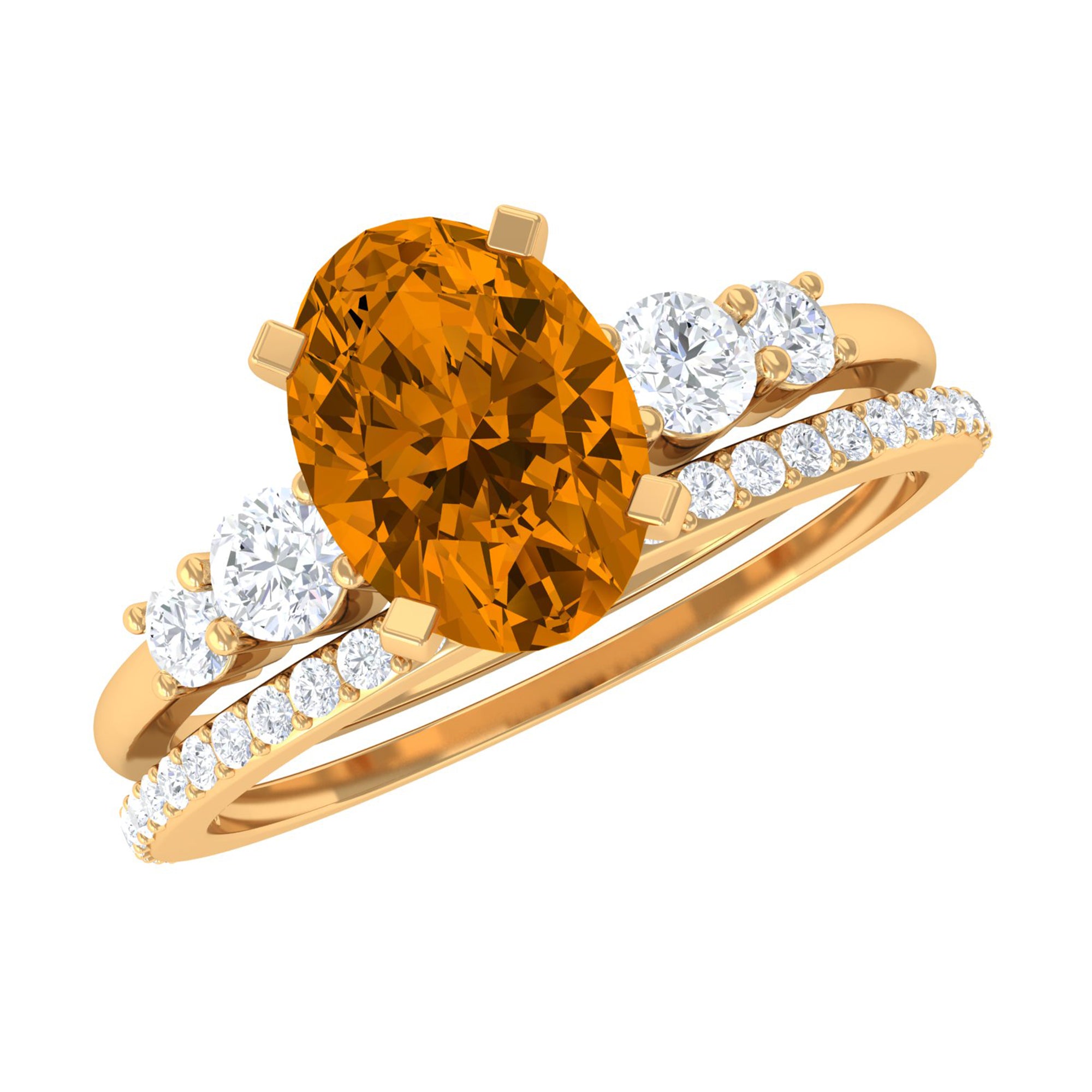 Oval Citrine Solitaire Ring Set with Diamond Citrine - ( AAA ) - Quality - Rosec Jewels