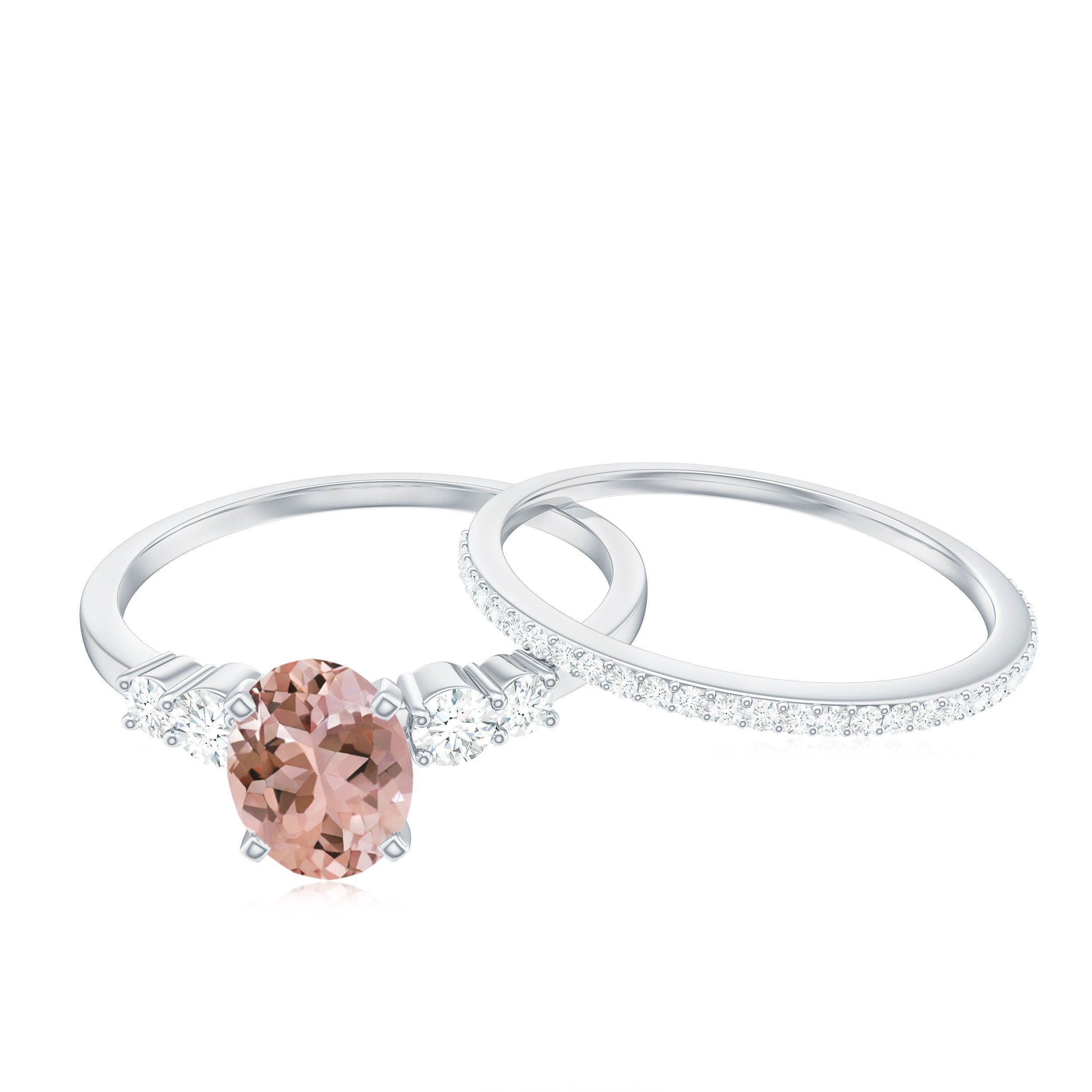 Oval Morganite Solitaire Ring Set with Diamond Morganite - ( AAA ) - Quality - Rosec Jewels