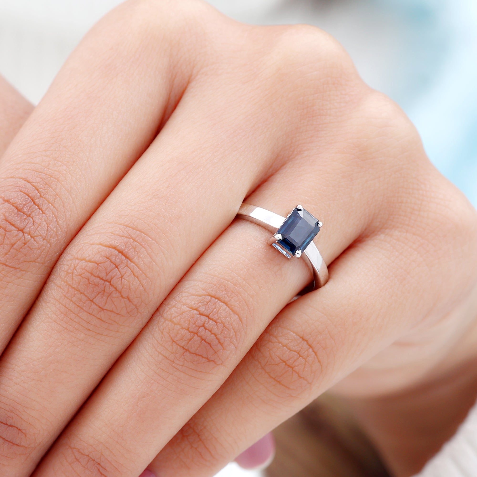 Octagon Cut Lab Created Blue Sapphire Solitaire Ring Lab Created Blue Sapphire - ( AAAA ) - Quality - Rosec Jewels