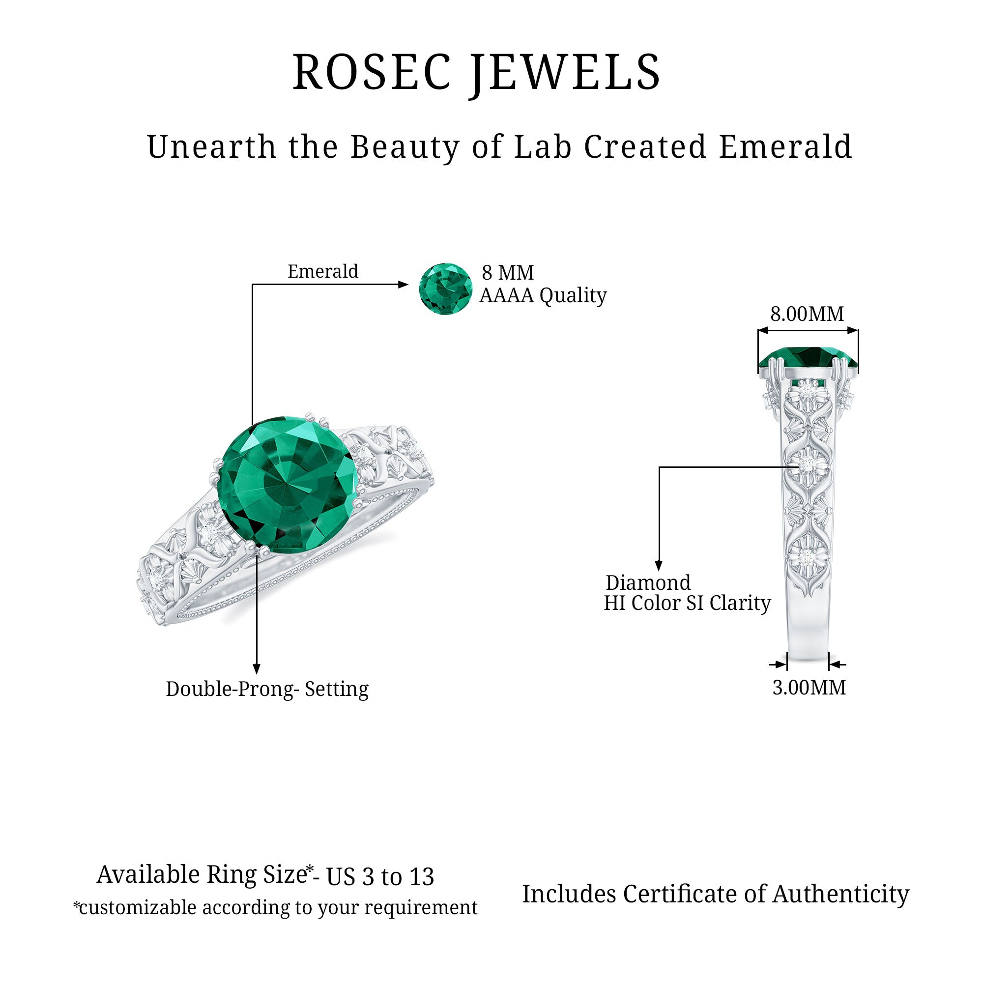 Round Created Emerald Floral Engagement Ring with Diamond Lab Created Emerald - ( AAAA ) - Quality - Rosec Jewels