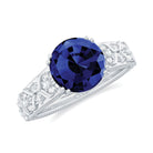 Round Created Blue Sapphire Floral Engagement Ring with Diamond Lab Created Blue Sapphire - ( AAAA ) - Quality - Rosec Jewels