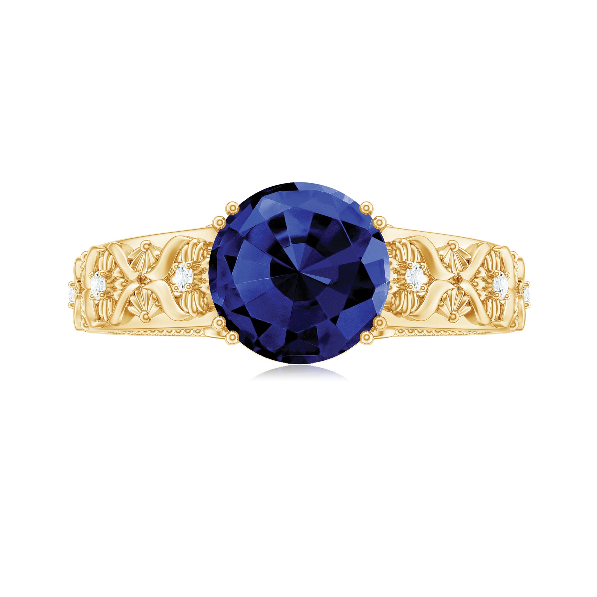 Round Created Blue Sapphire Floral Engagement Ring with Diamond Lab Created Blue Sapphire - ( AAAA ) - Quality - Rosec Jewels