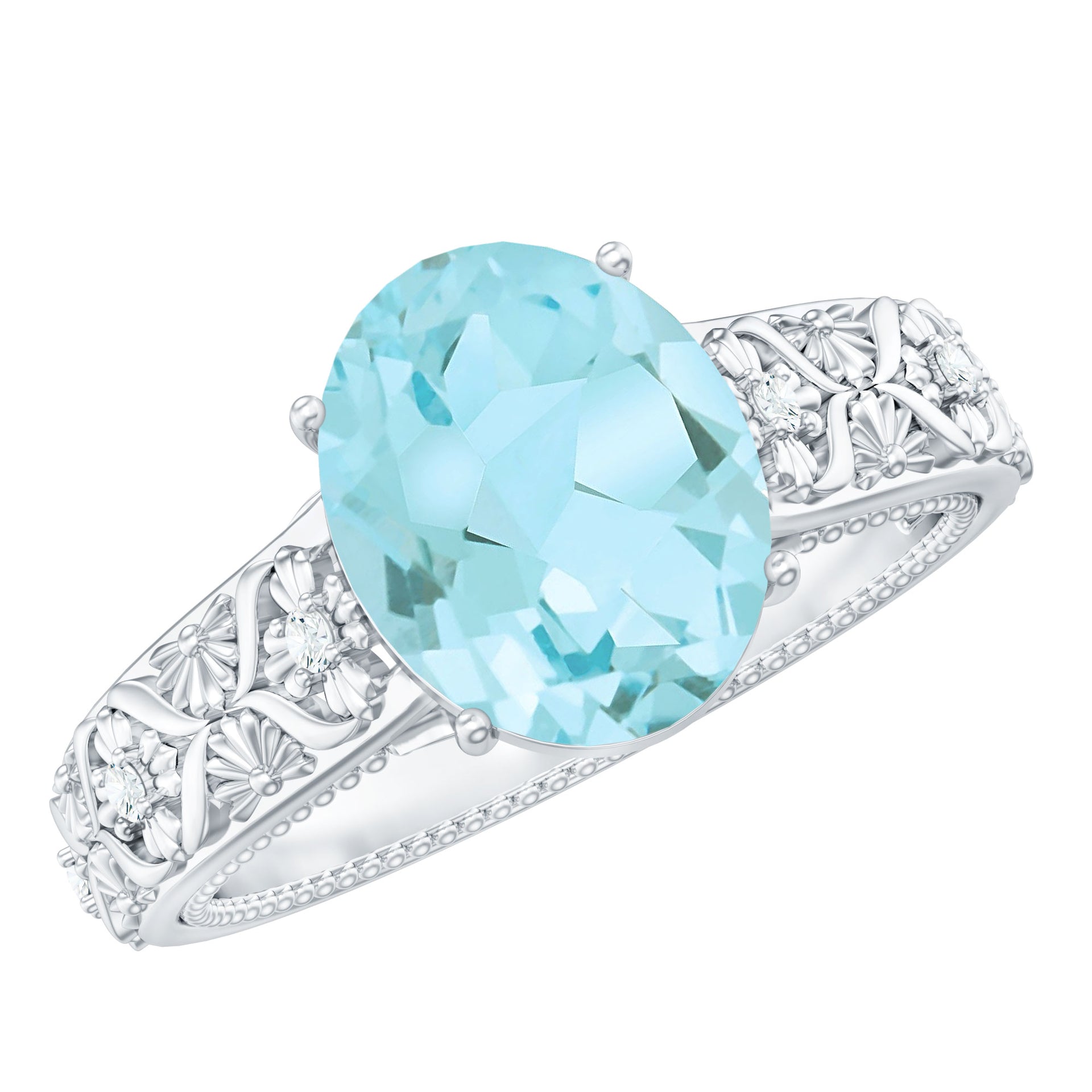 Oval Sky Blue Topaz and Diamond Vintage Style Solitaire Ring Sky Blue Topaz - ( AAA ) - Quality - Rosec Jewels