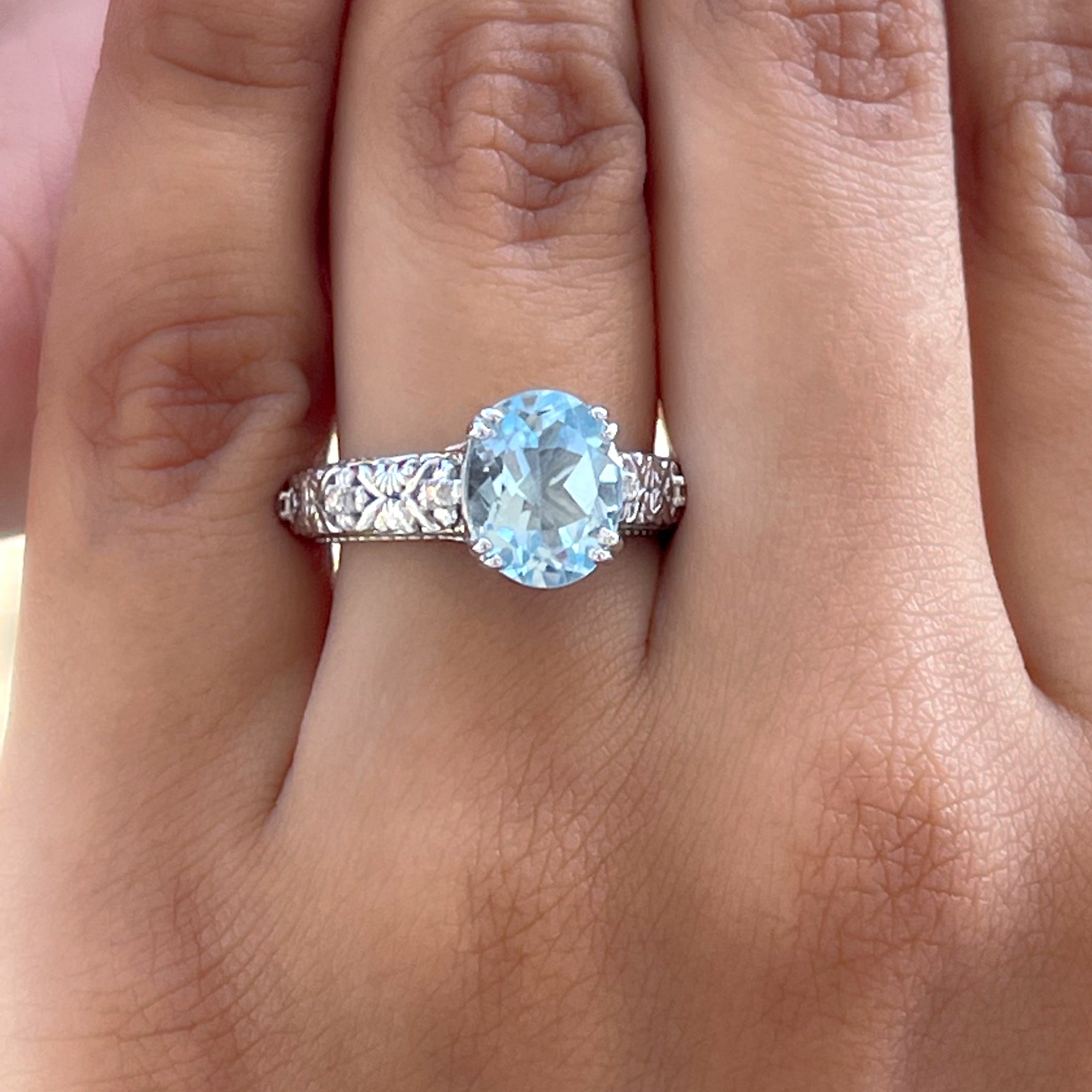 Oval Sky Blue Topaz and Diamond Vintage Style Solitaire Ring Sky Blue Topaz - ( AAA ) - Quality - Rosec Jewels