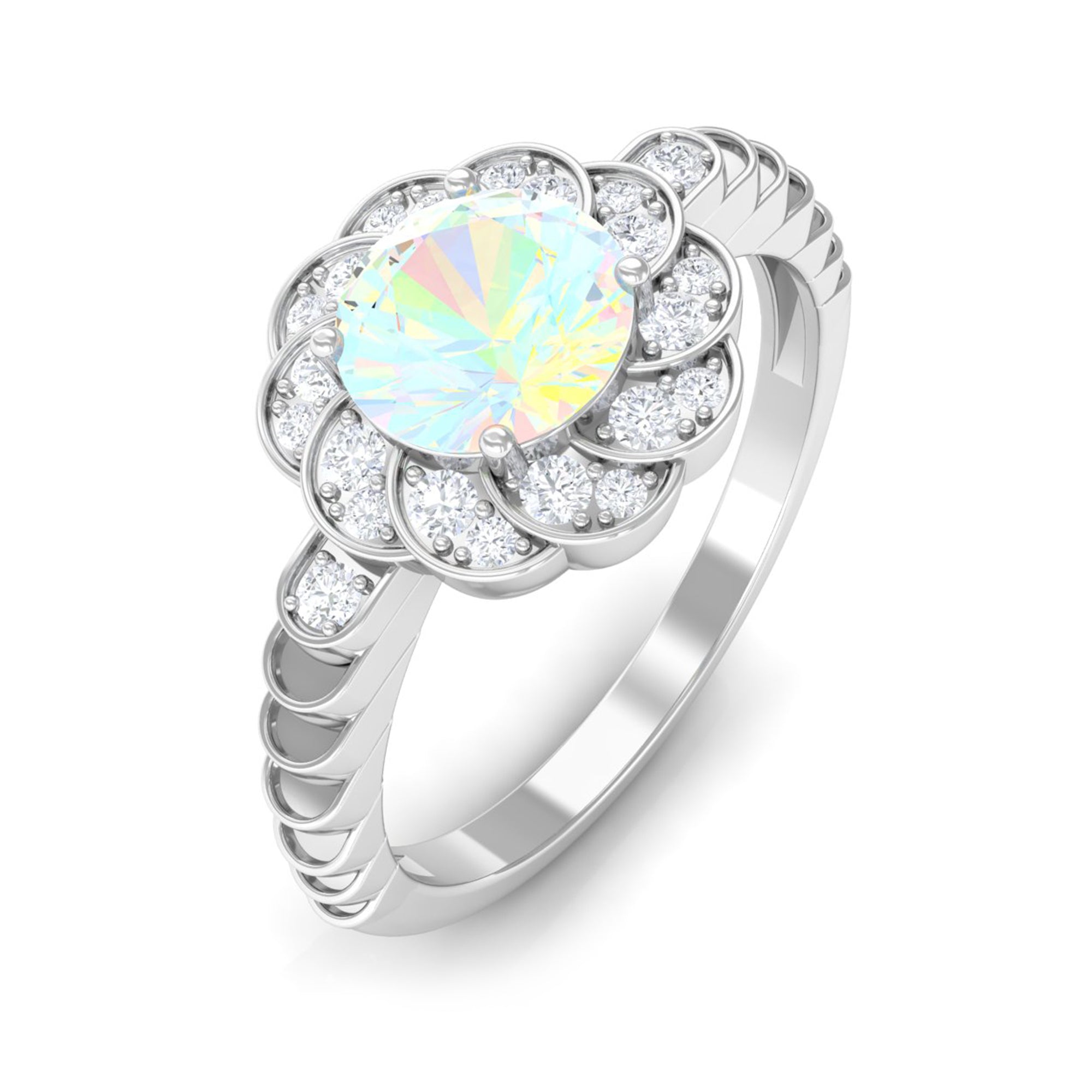 Ethiopian Opal and Diamond Flower Engagement Ring Ethiopian Opal - ( AAA ) - Quality - Rosec Jewels