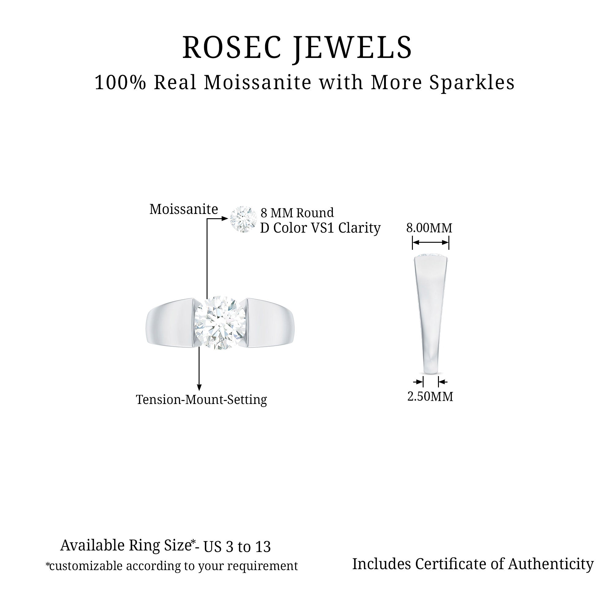 Rosec Jewels-Solitaire Moissanite Engagement Ring in Tension Mount Setting