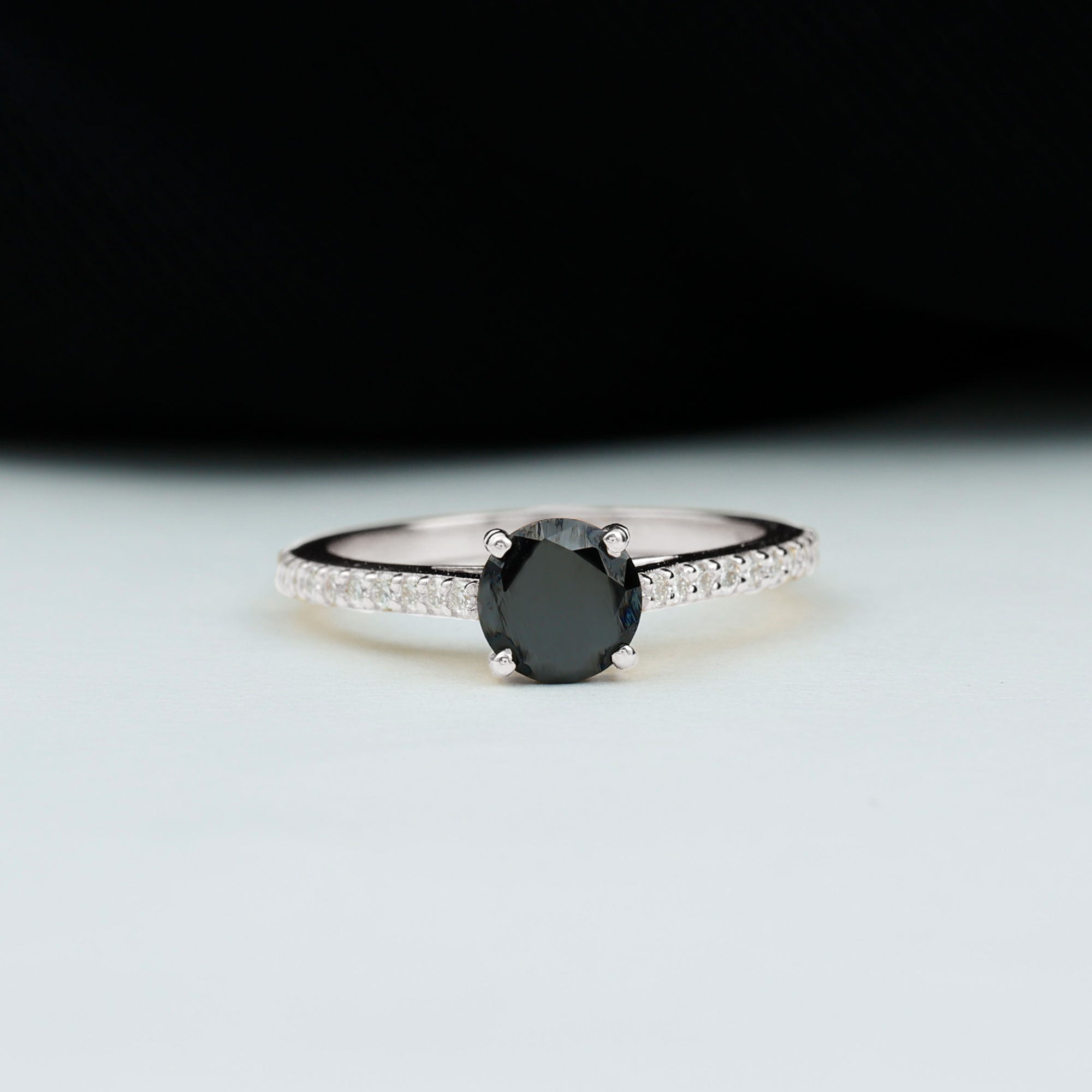 Round Black Onyx Solitaire Engagement Ring with Diamond Black Onyx - ( AAA ) - Quality - Rosec Jewels