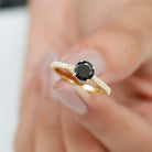 Round Black Onyx Solitaire Engagement Ring with Diamond Black Onyx - ( AAA ) - Quality - Rosec Jewels