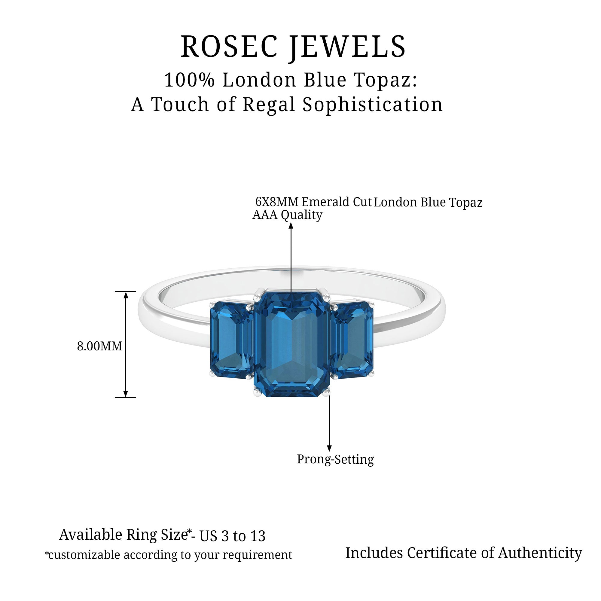 1.75 CT Octagon Cut London Blue Topaz Three Stone Ring London Blue Topaz - ( AAA ) - Quality - Rosec Jewels