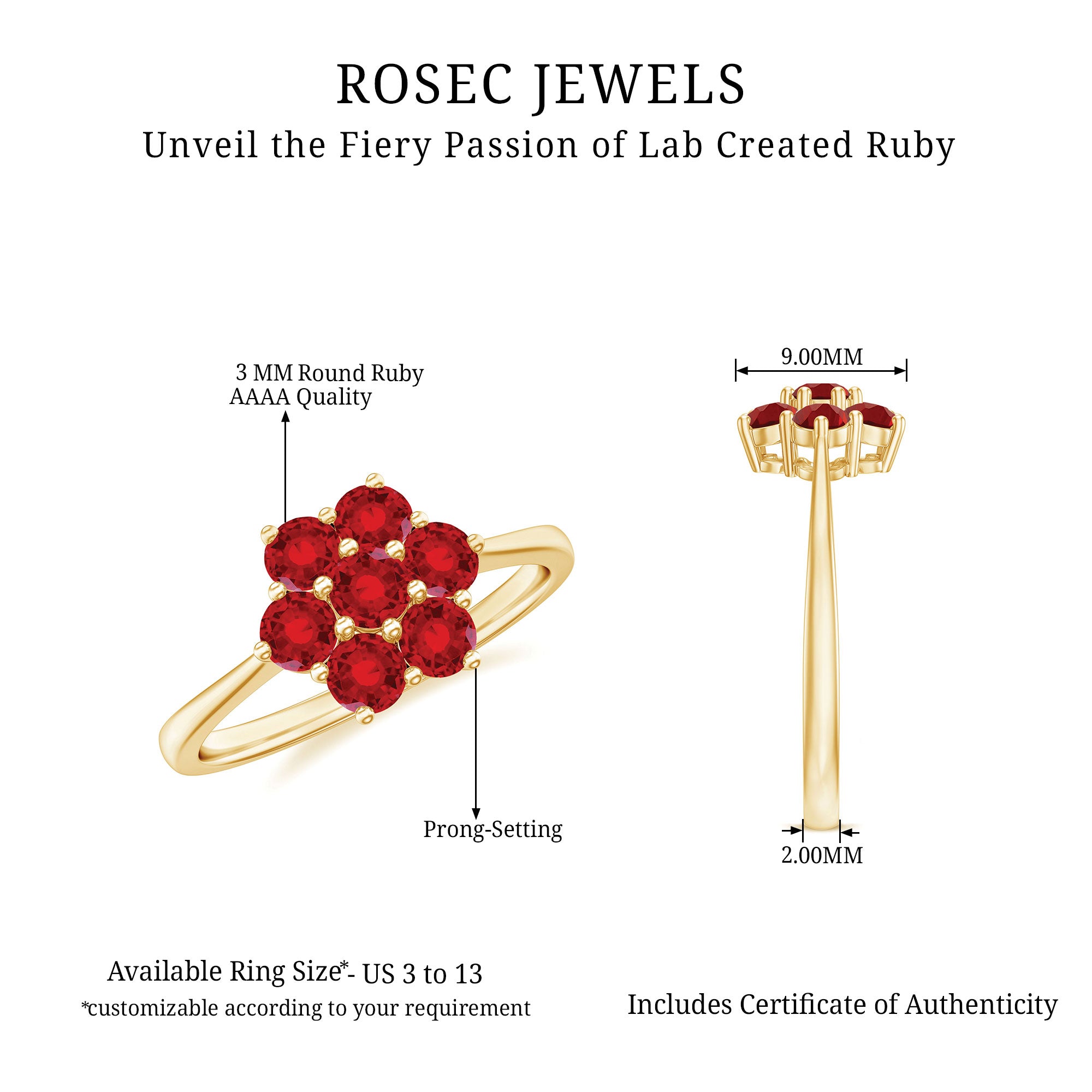 1 CT Created Ruby Cluster Flower Ring in Gold Lab Created Ruby - ( AAAA ) - Quality - Rosec Jewels
