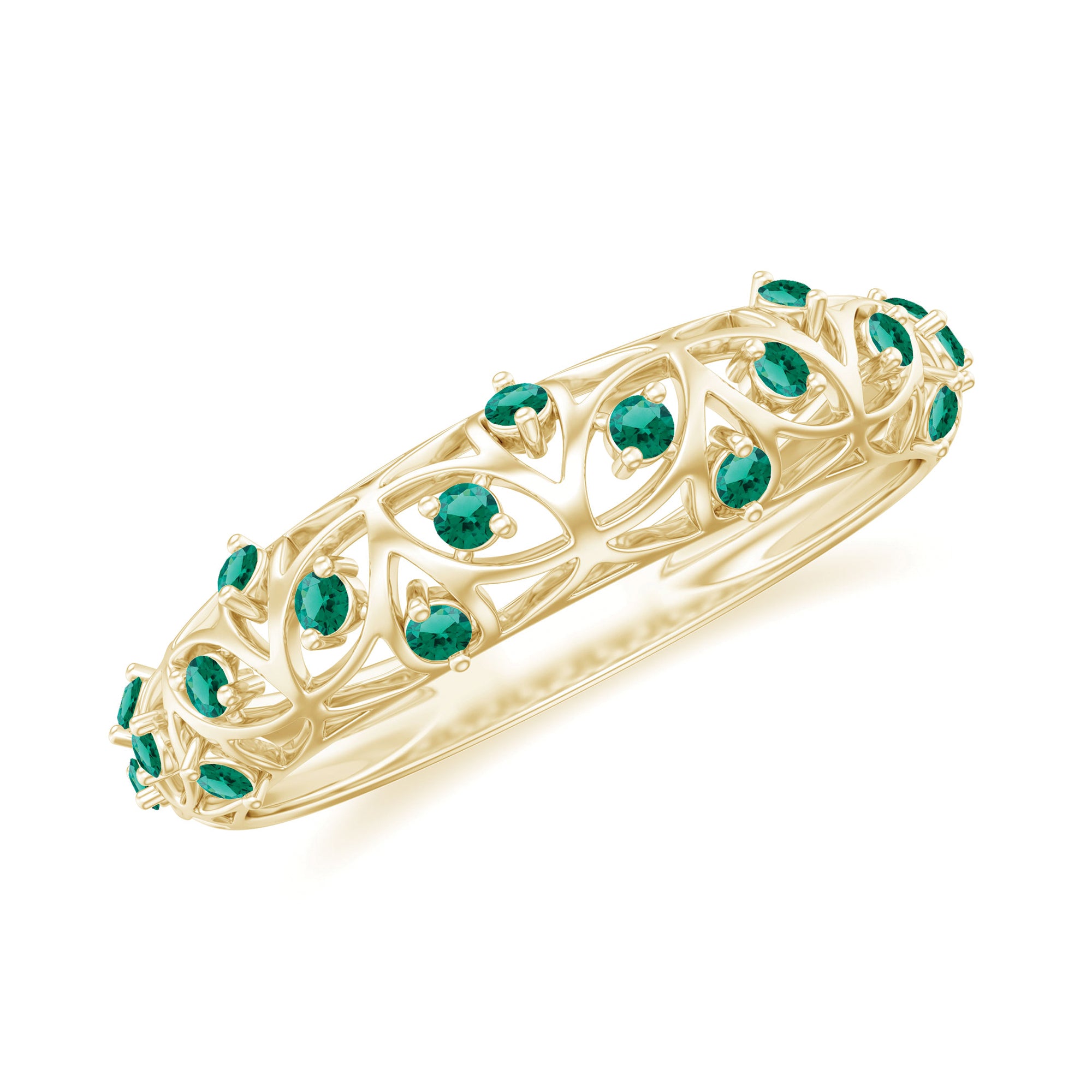 Round Created Emerald Semi Eternity Band Ring with Gold Filigree Details Lab Created Emerald - ( AAAA ) - Quality - Rosec Jewels