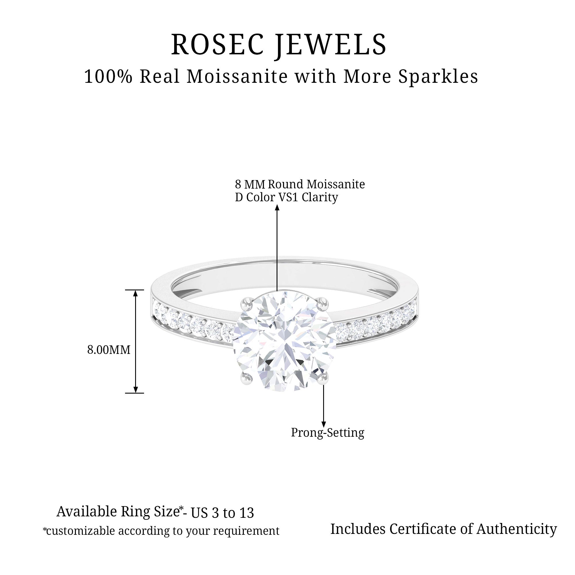 2.25 CT Round Cut Moissanite Solitaire Engagement Ring in 4 Prong Setting Moissanite - ( D-VS1 ) - Color and Clarity - Rosec Jewels