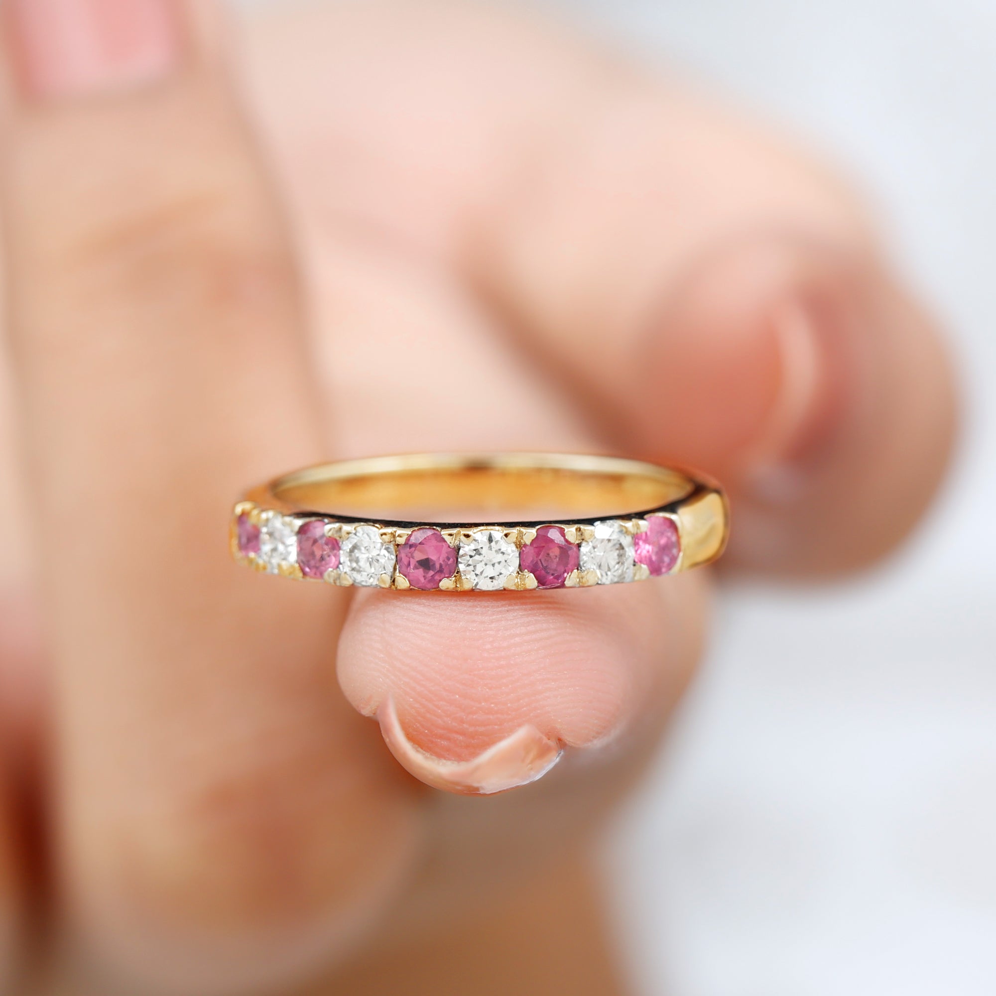 Pink Tourmaline and Diamond Nine Stone Band Ring Pink Tourmaline - ( AAA ) - Quality - Rosec Jewels