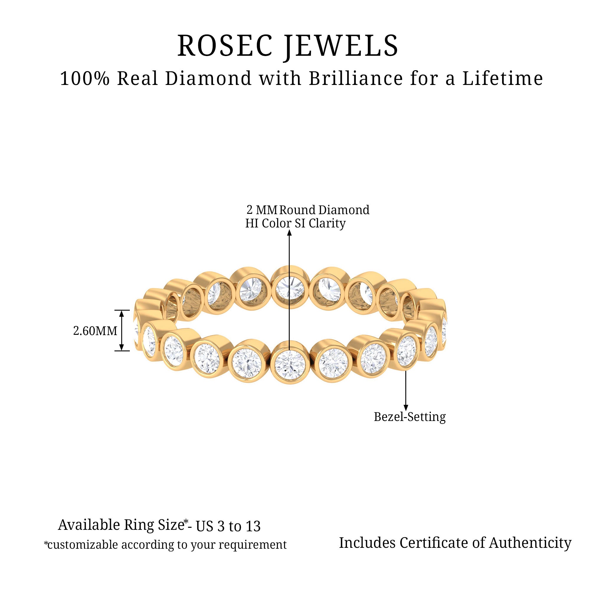 Real Diamond Eternity Ring in Bezel Setting Diamond - ( HI-SI ) - Color and Clarity - Rosec Jewels