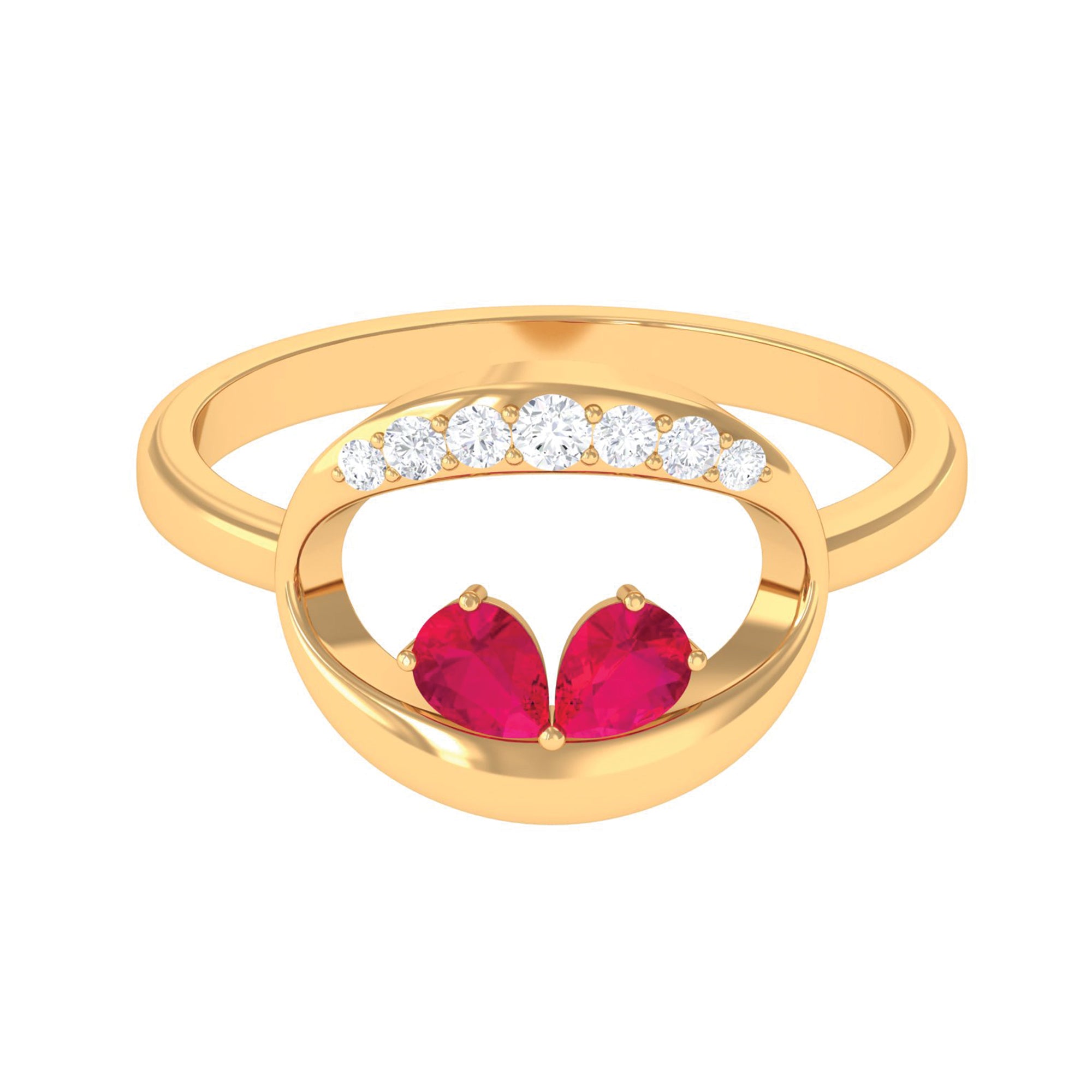 Pear Cut Ruby Toi et Moi Contemporary Ring with Diamond Ruby - ( AAA ) - Quality - Rosec Jewels