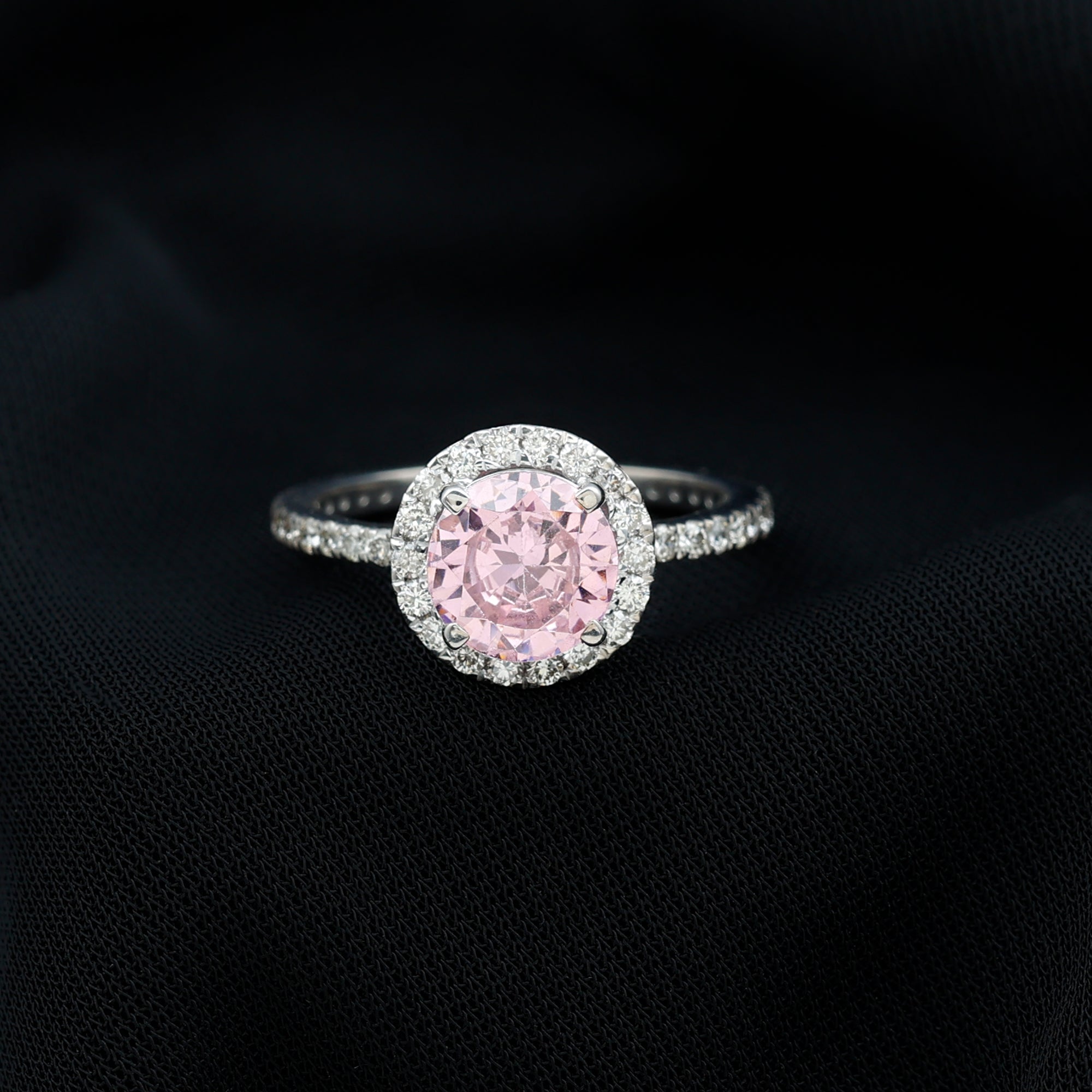 Round Lab Created Pink Sapphire Halo Engagement Ring with Diamond Lab Created Pink Sapphire - ( AAAA ) - Quality - Rosec Jewels