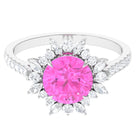 Created Pink Sapphire Cocktail Ring with Moissanite Floral Halo Lab Created Pink Sapphire - ( AAAA ) - Quality - Rosec Jewels