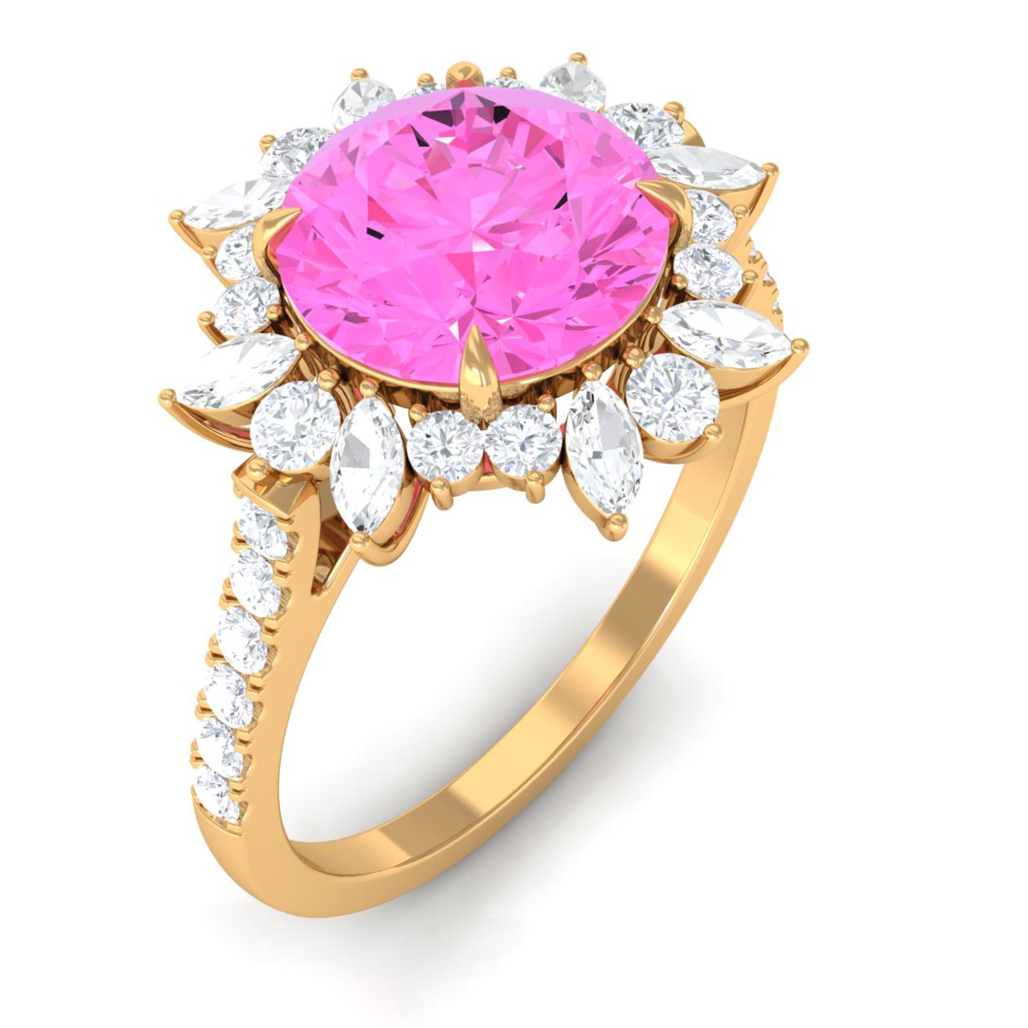 Created Pink Sapphire Cocktail Ring with Moissanite Floral Halo Lab Created Pink Sapphire - ( AAAA ) - Quality - Rosec Jewels