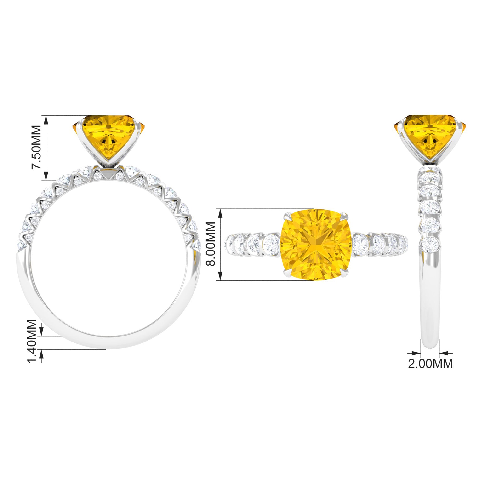 Cushion Cut Created Yellow Sapphire Engagement Ring with Diamond Lab Created Yellow Sapphire - ( AAAA ) - Quality - Rosec Jewels