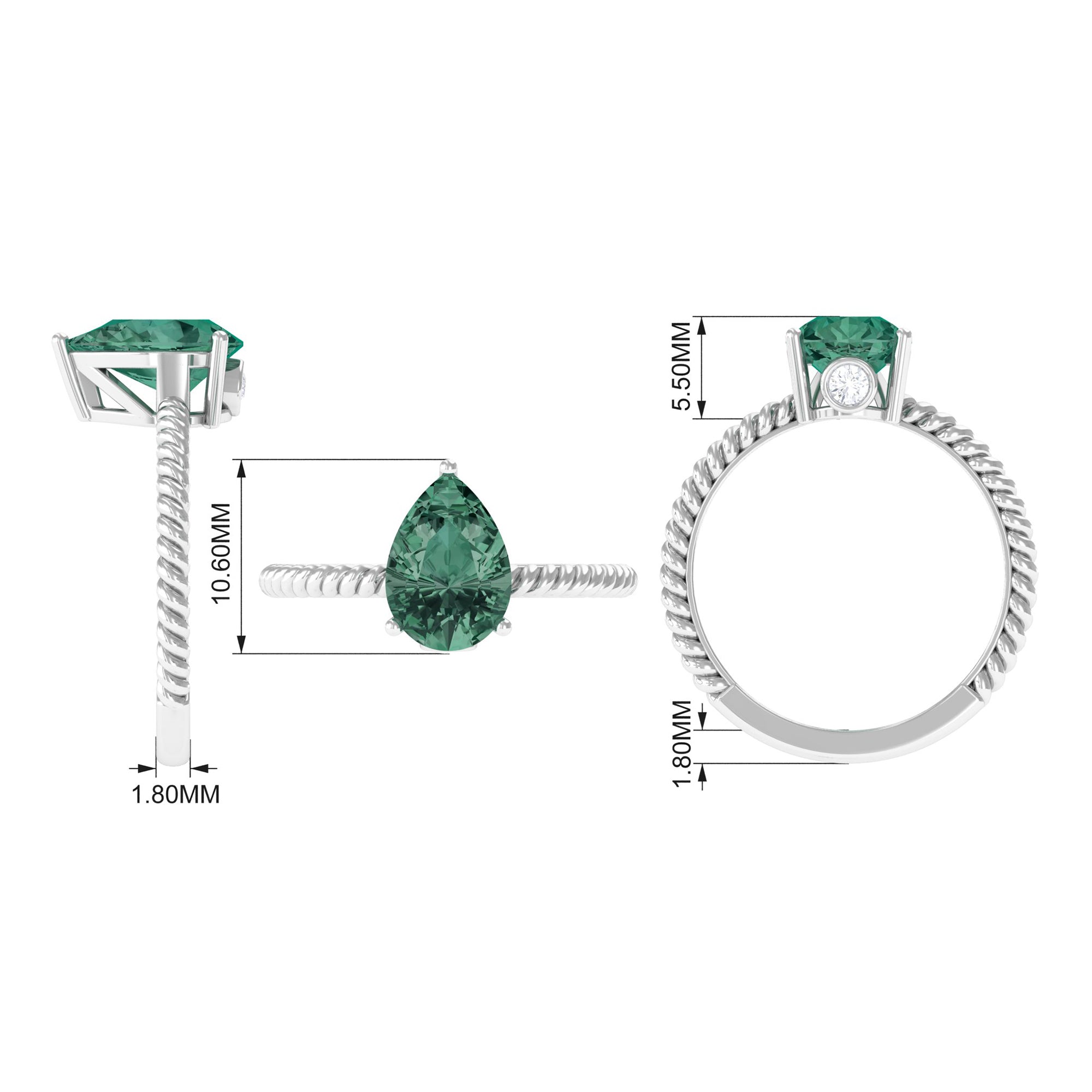 Pear Shape Created Green Sapphire Solitaire Engagement Ring Lab Created Green Sapphire - ( AAAA ) - Quality - Rosec Jewels