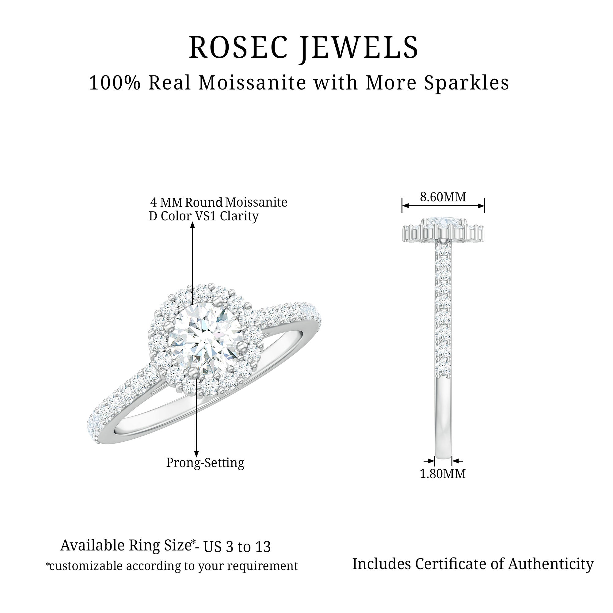 1 CT Classic Moissanite Halo Engagement Ring Moissanite - ( D-VS1 ) - Color and Clarity - Rosec Jewels