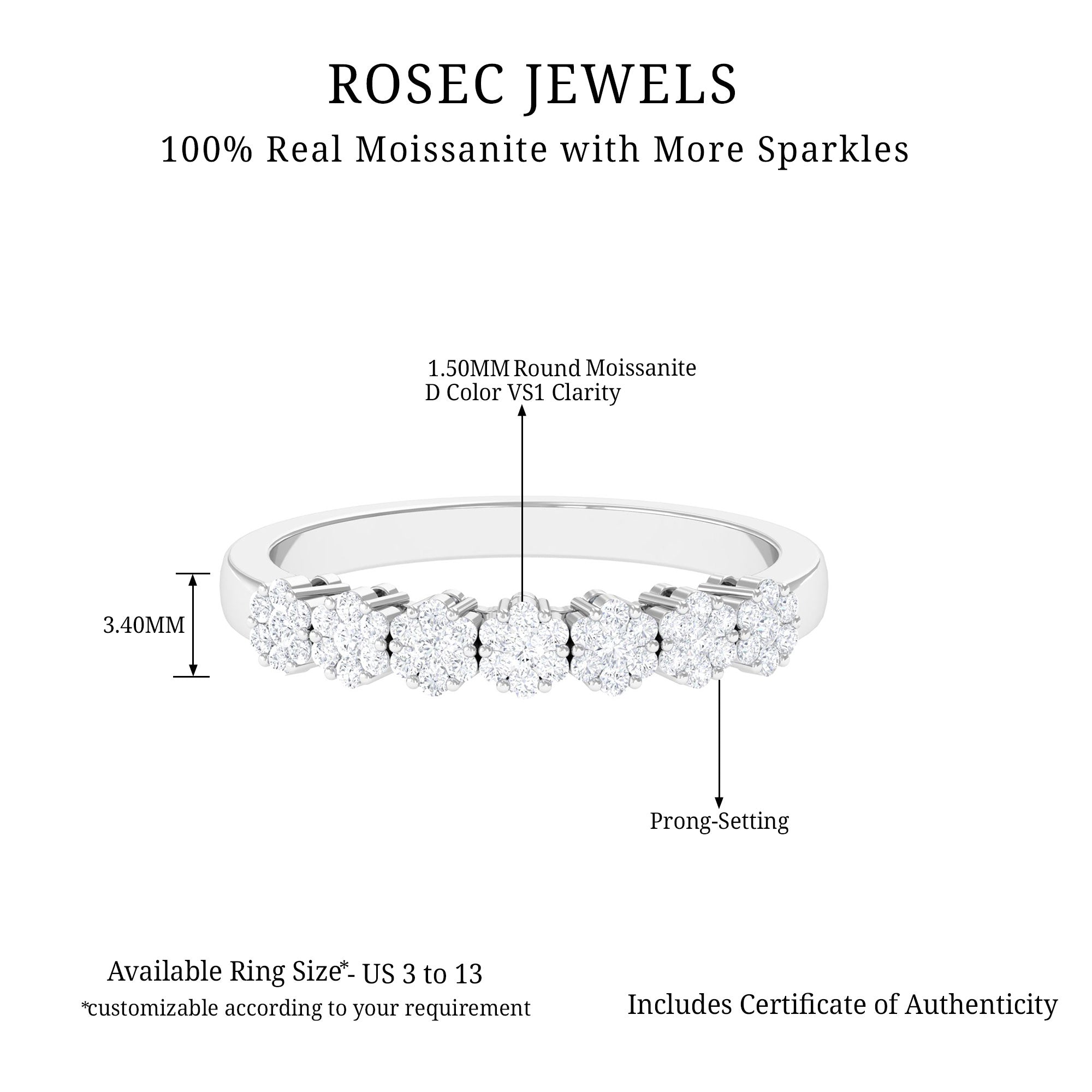 1/2 CT Minimal Moissanite Cluster Anniversary Ring Moissanite - ( D-VS1 ) - Color and Clarity - Rosec Jewels