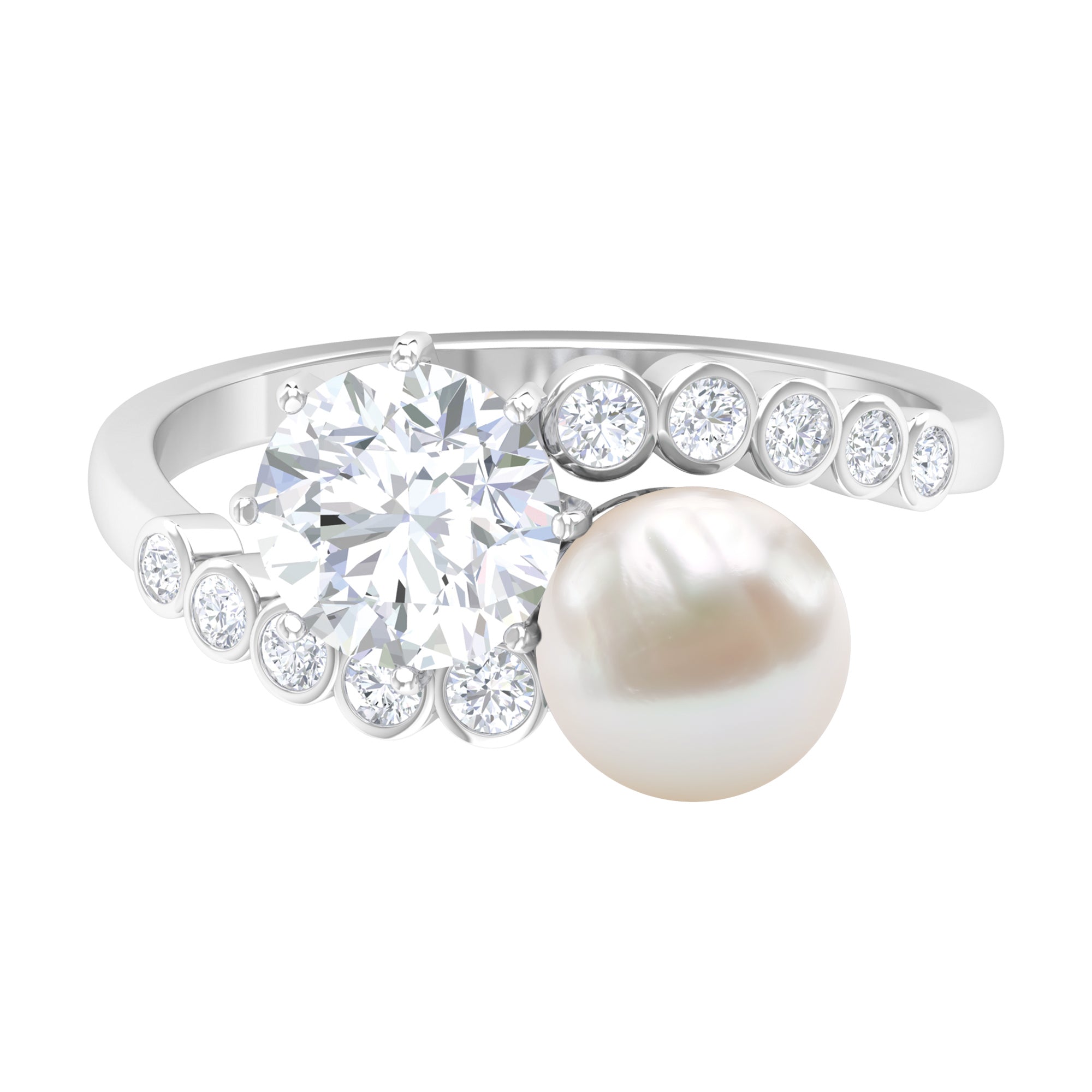 Freshwater Pearl and Moissanite Toi Et Moi Cocktail Ring Freshwater Pearl - ( AAA ) - Quality - Rosec Jewels