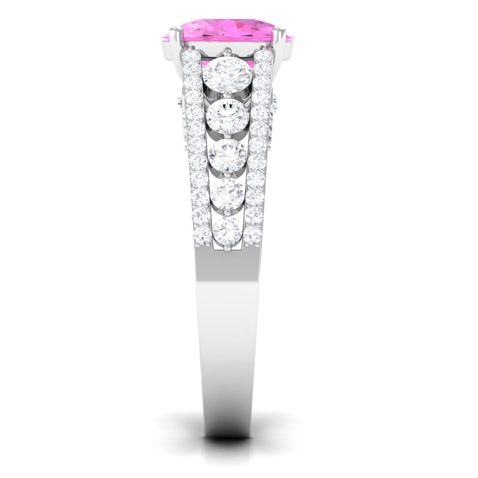 Created Pink Sapphire Engagement Ring with Moissanite Side Stones Lab Created Pink Sapphire - ( AAAA ) - Quality - Rosec Jewels