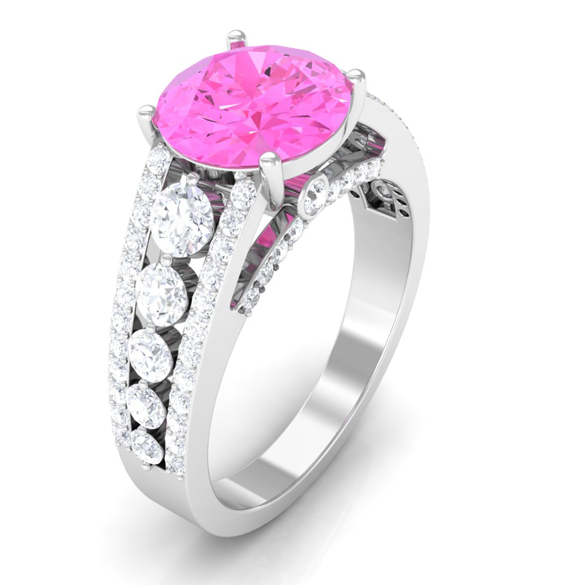 Created Pink Sapphire Engagement Ring with Moissanite Side Stones Lab Created Pink Sapphire - ( AAAA ) - Quality - Rosec Jewels