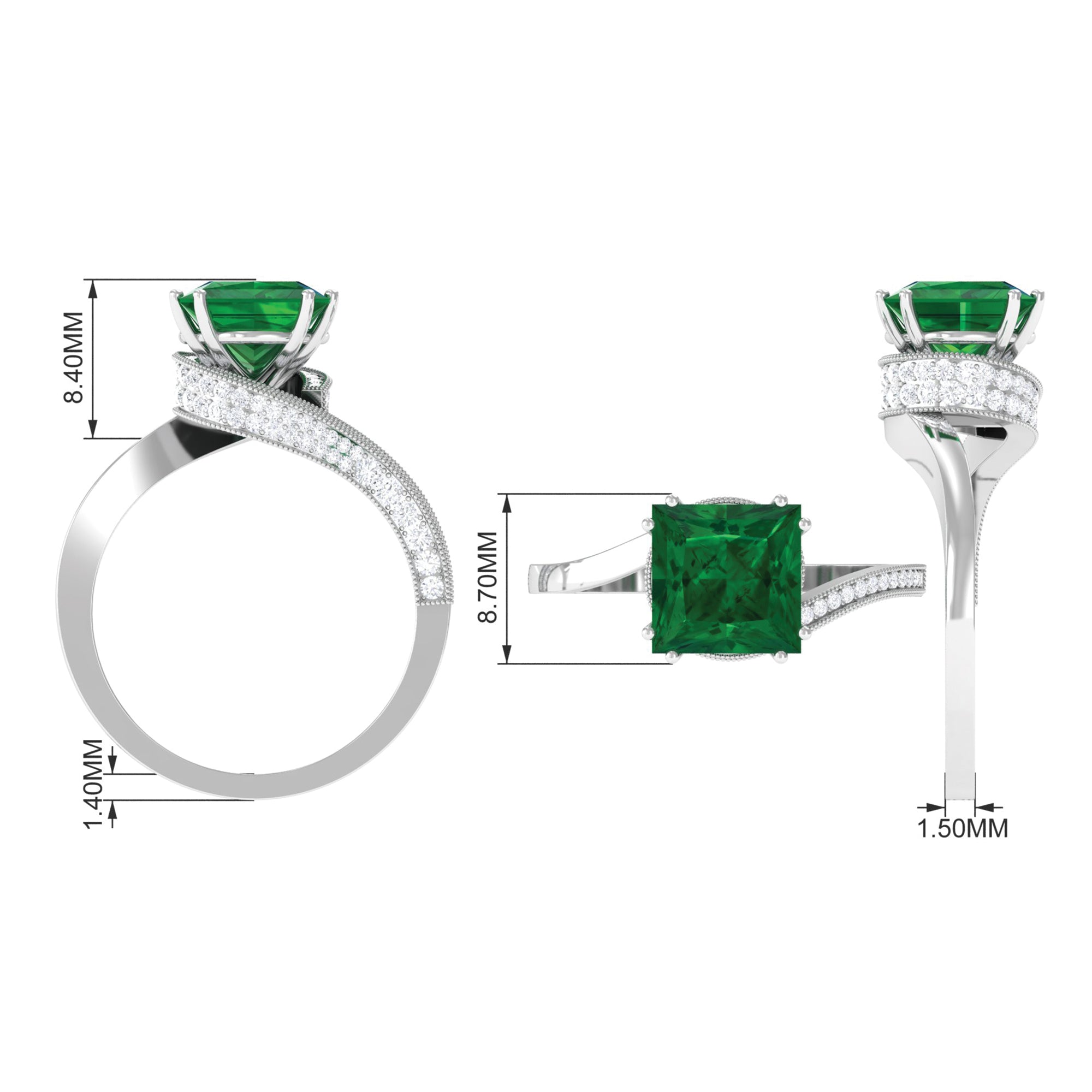 Princess Cut Created Emerald Solitaire Bypass Engagement Ring Lab Created Emerald - ( AAAA ) - Quality - Rosec Jewels