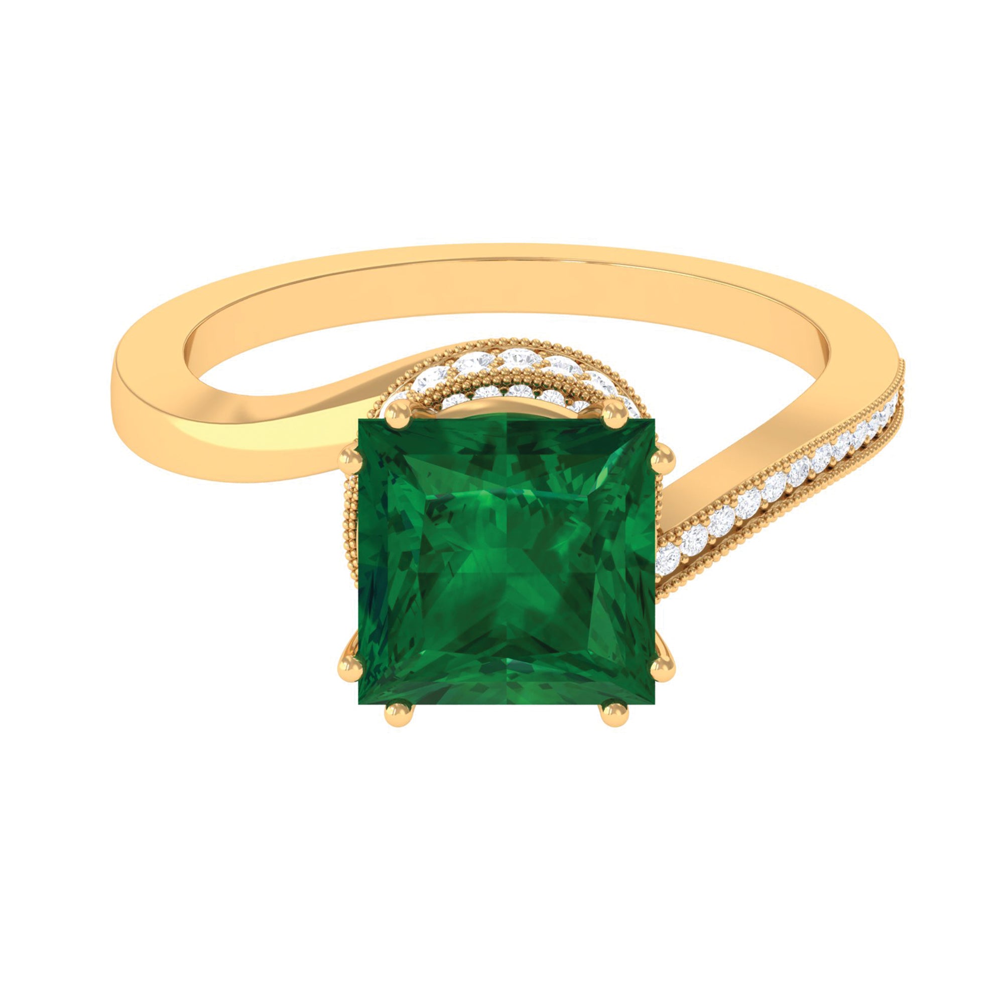 Princess Cut Created Emerald Solitaire Bypass Engagement Ring Lab Created Emerald - ( AAAA ) - Quality - Rosec Jewels