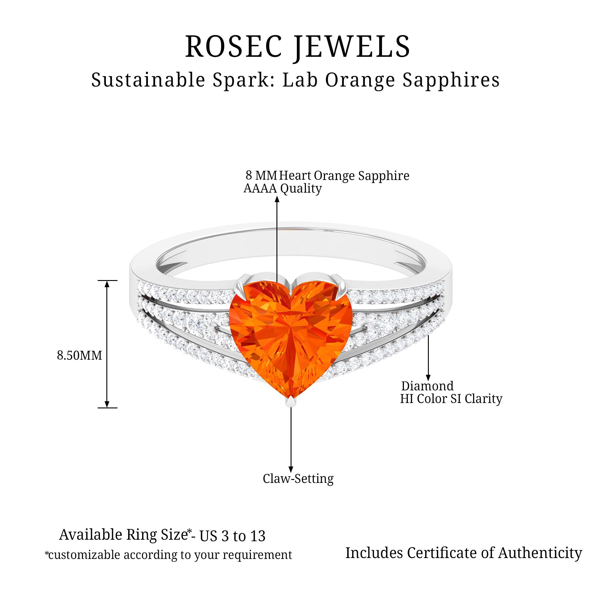 Created Orange Sapphire Heart Engagement Ring with Diamond Lab Created Orange Sapphire - ( AAAA ) - Quality - Rosec Jewels